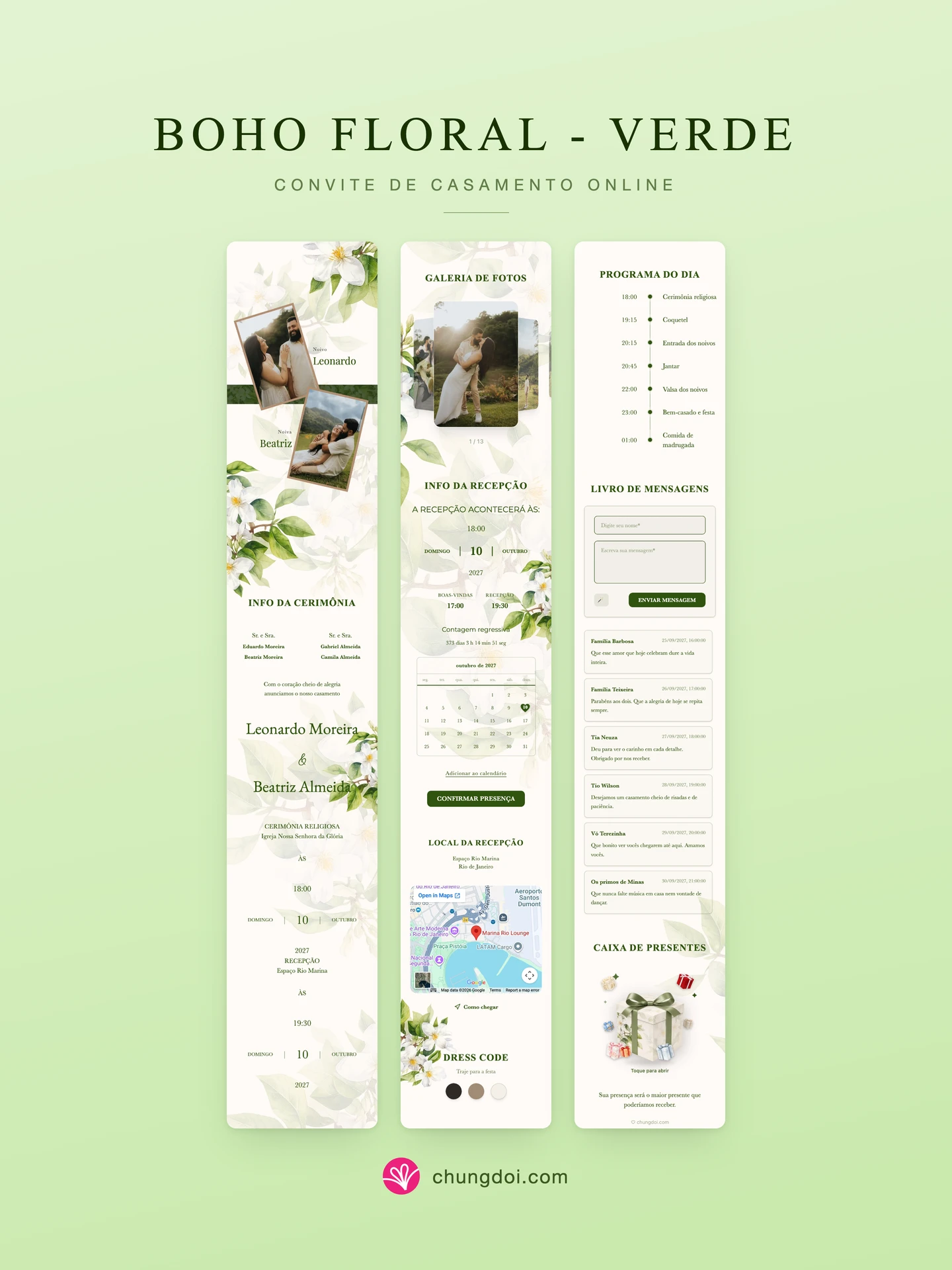 Visão completa do convite de casamento Boho Floral - Verde: as três partes lado a lado