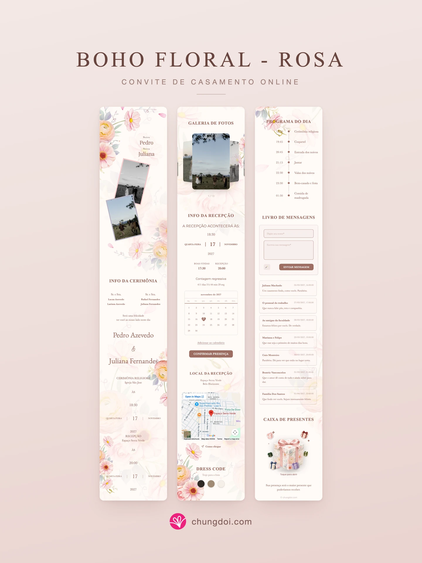 Visão completa do convite de casamento Boho Floral - Rosa: as três partes lado a lado