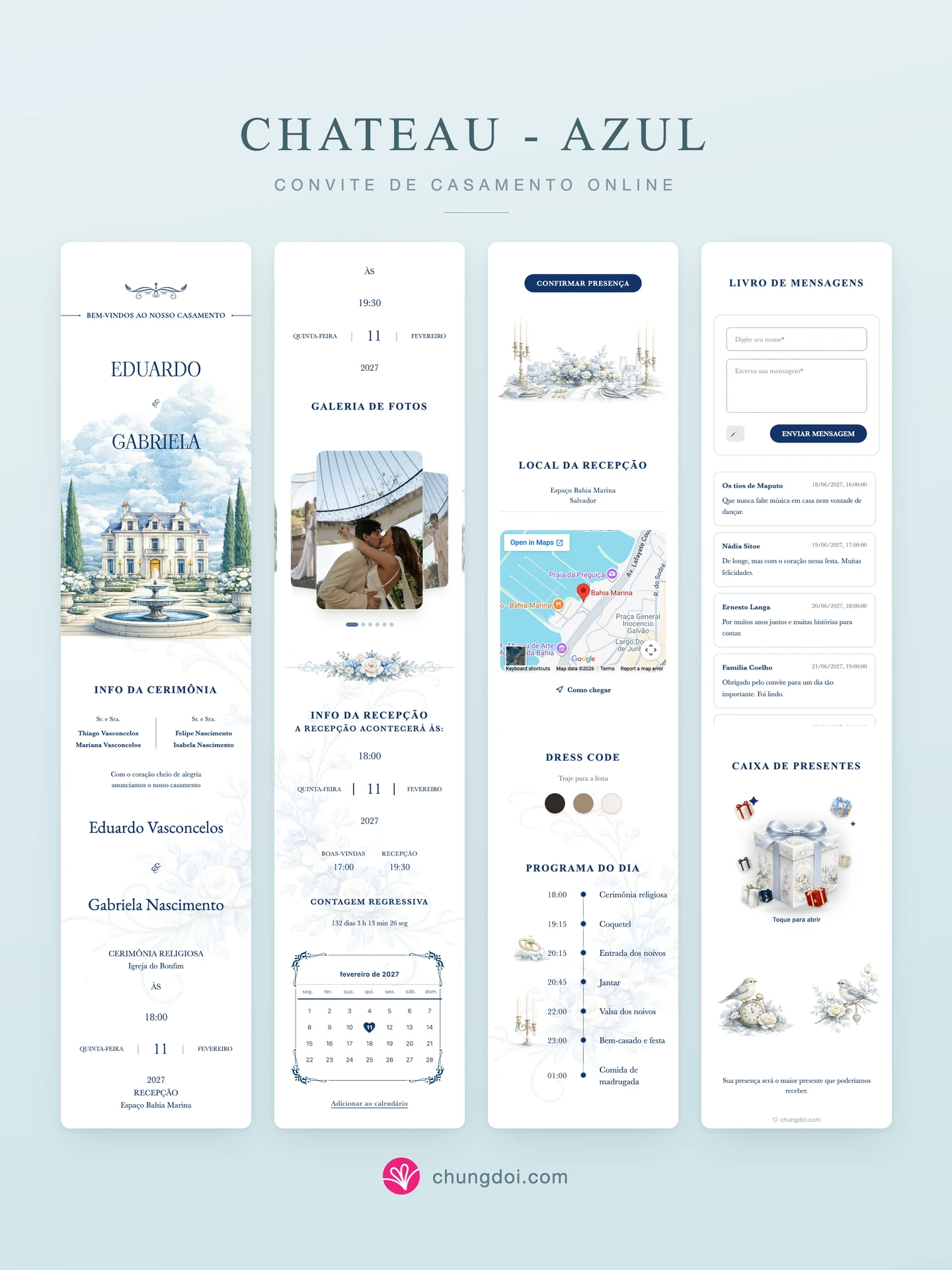 Visão completa do convite de casamento Chateau - Azul: as três partes lado a lado