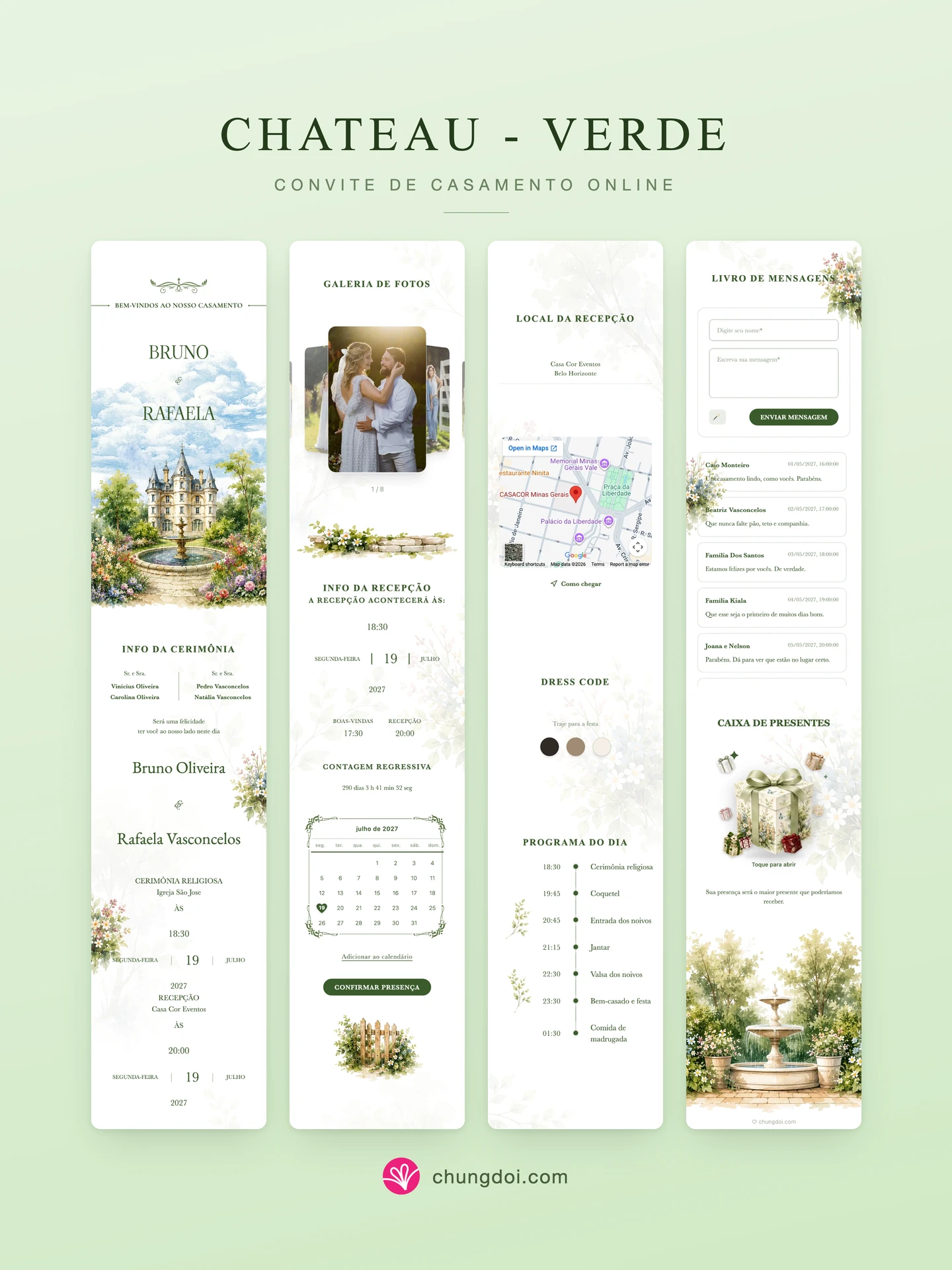 Visão completa do convite de casamento Chateau - Verde: as três partes lado a lado