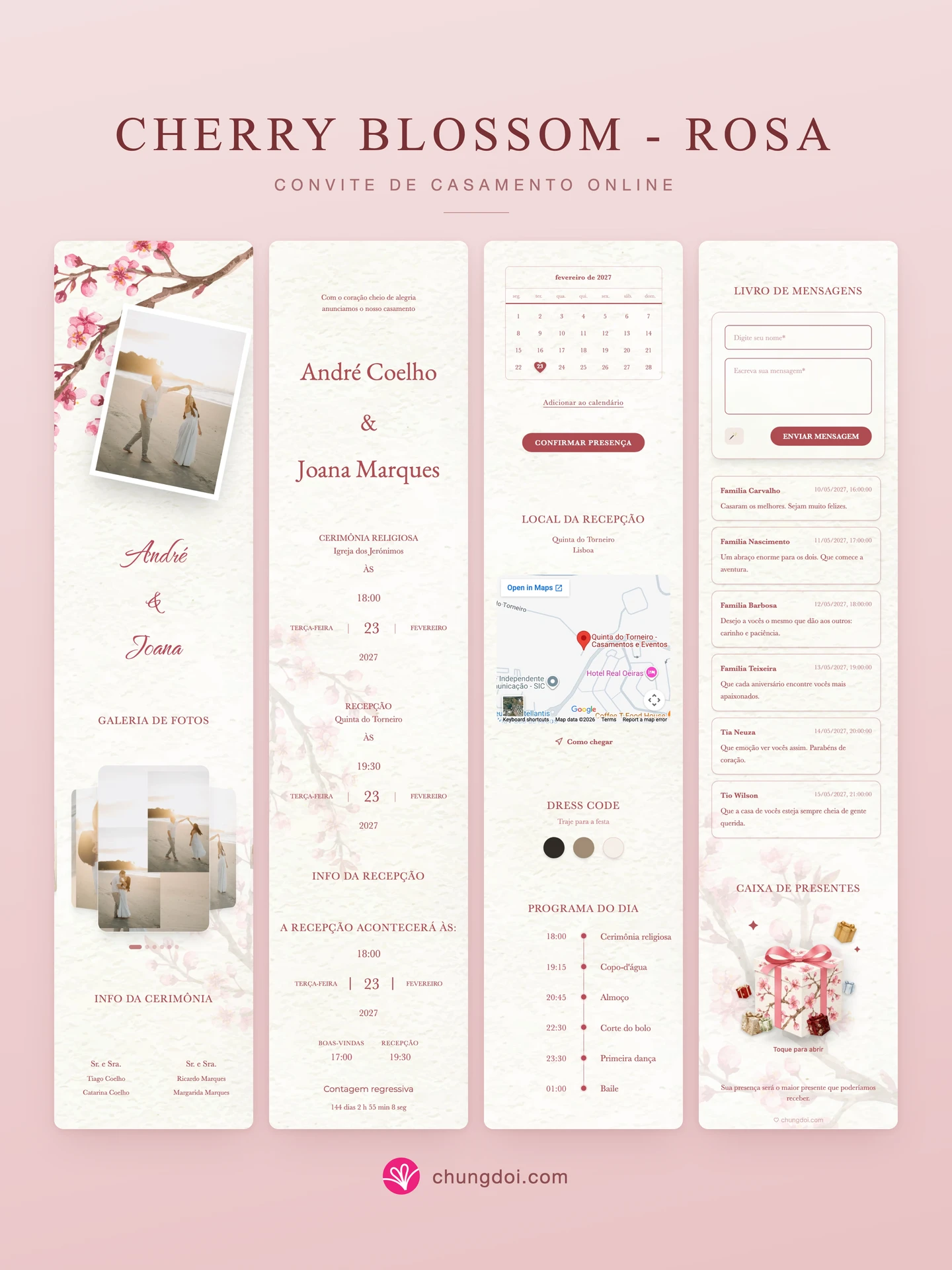Visão completa do convite de casamento Cherry Blossom - Rosa: as três partes lado a lado