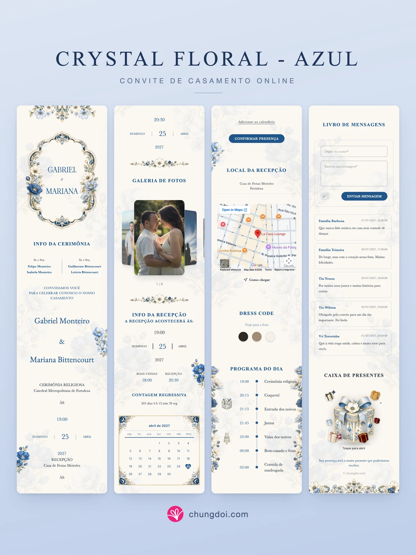 Visão completa do convite de casamento Crystal Floral - Azul: as três partes lado a lado