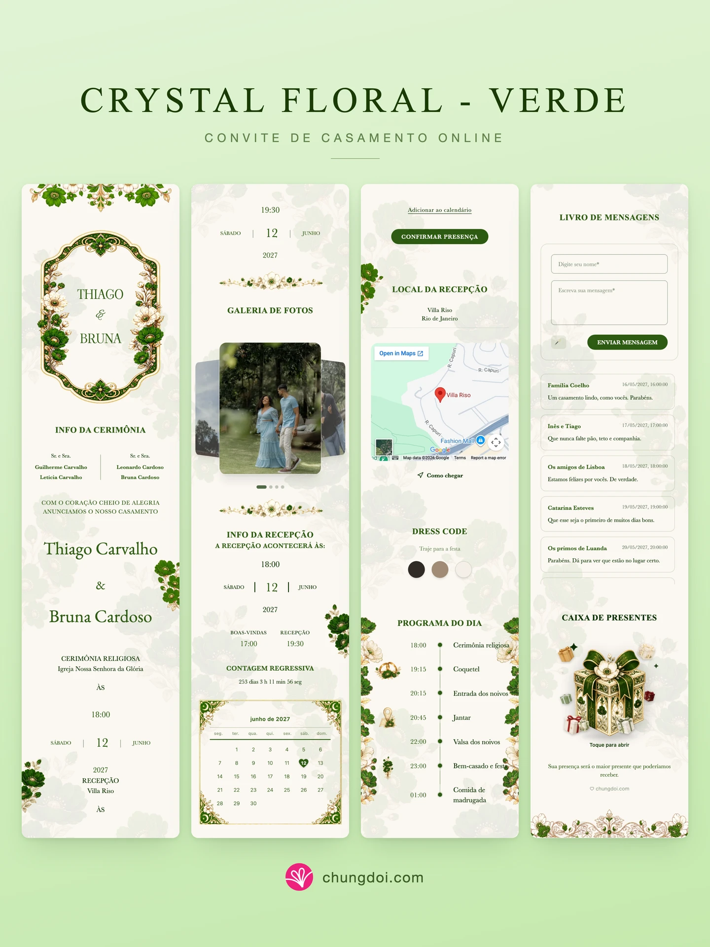 Visão completa do convite de casamento Crystal Floral - Verde: as três partes lado a lado