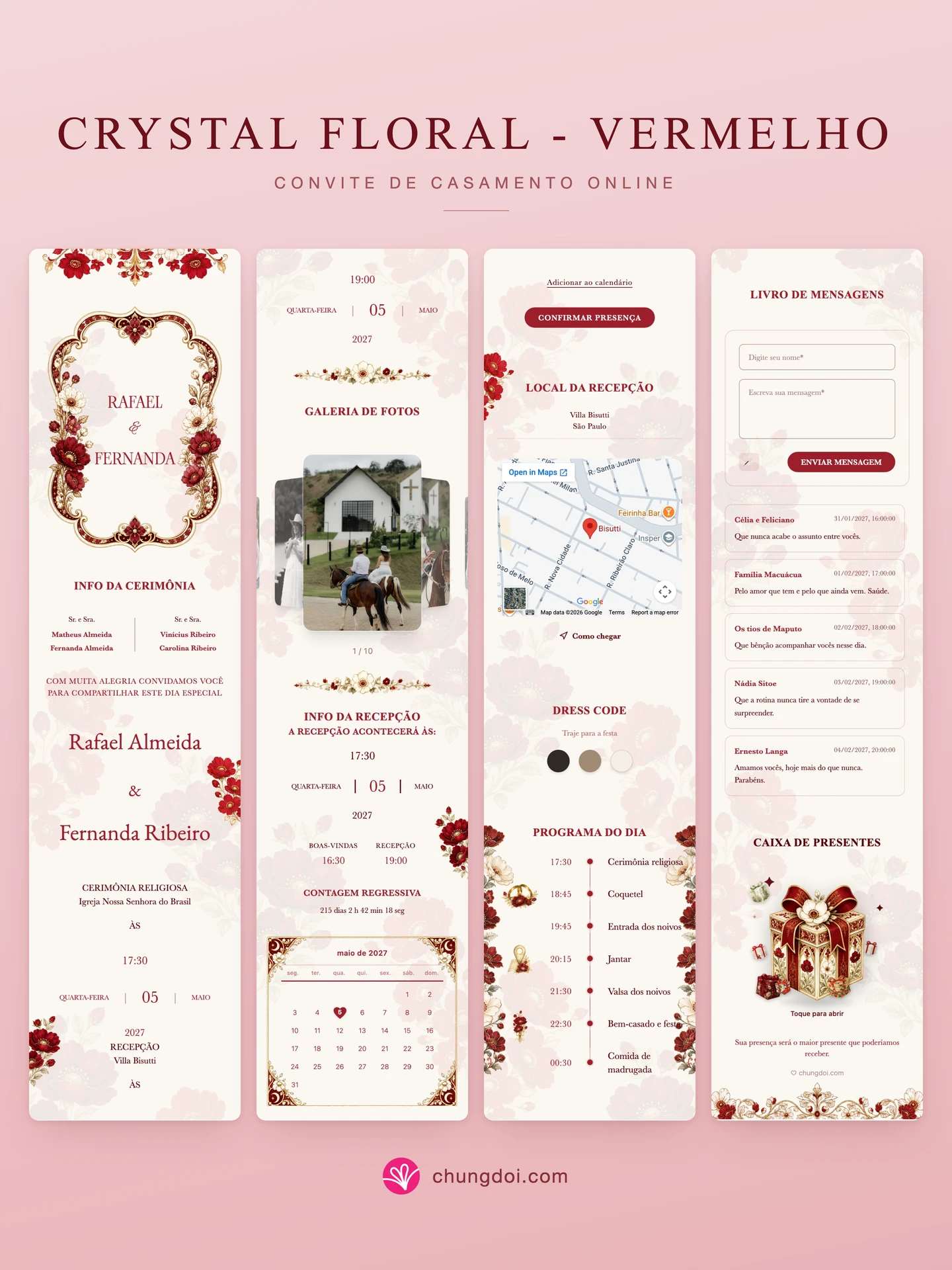 Visão completa do convite de casamento Crystal Floral - Vermelho: as três partes lado a lado