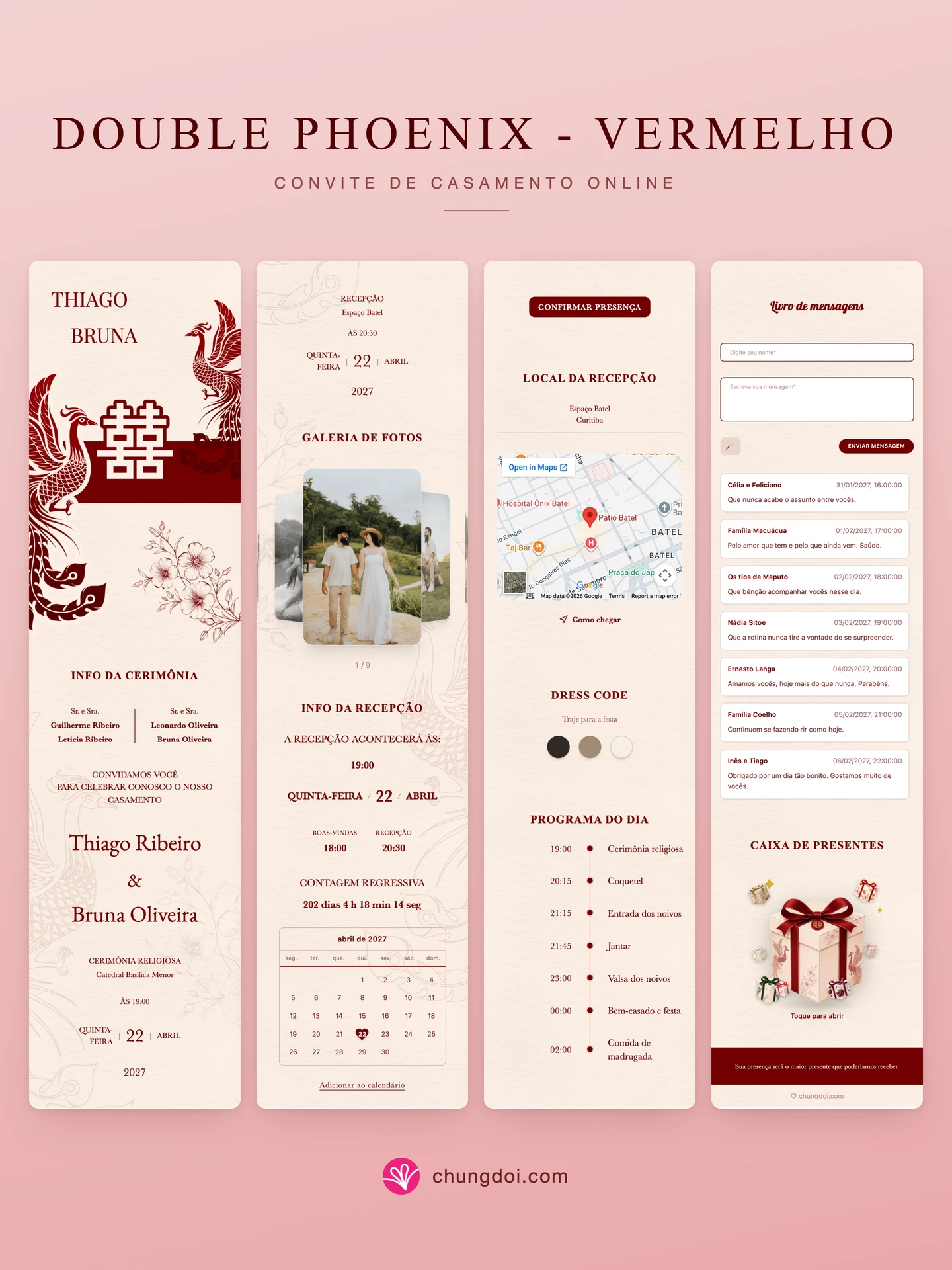 Visão completa do convite de casamento Double Phoenix - Vermelho: as três partes lado a lado
