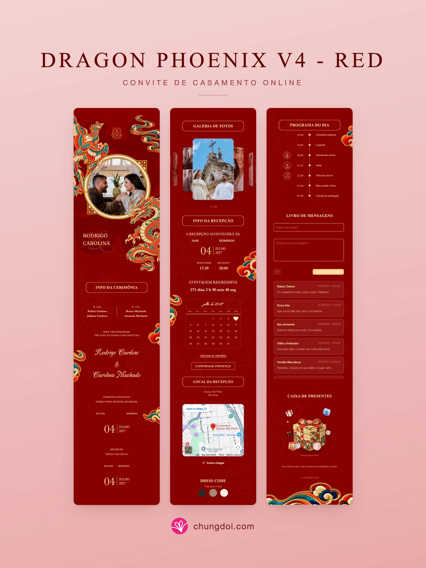 Visão completa do convite de casamento Dragon Phoenix V4 - Vermelho: as três partes lado a lado