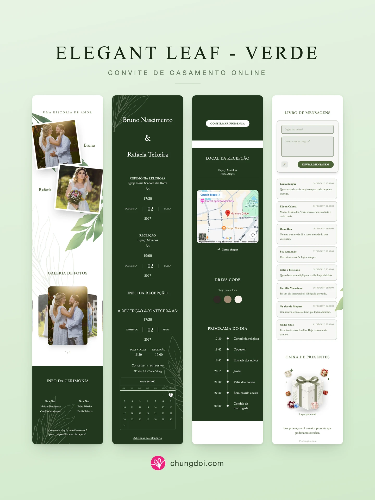 Visão completa do convite de casamento Elegant Leaf - Verde: as três partes lado a lado