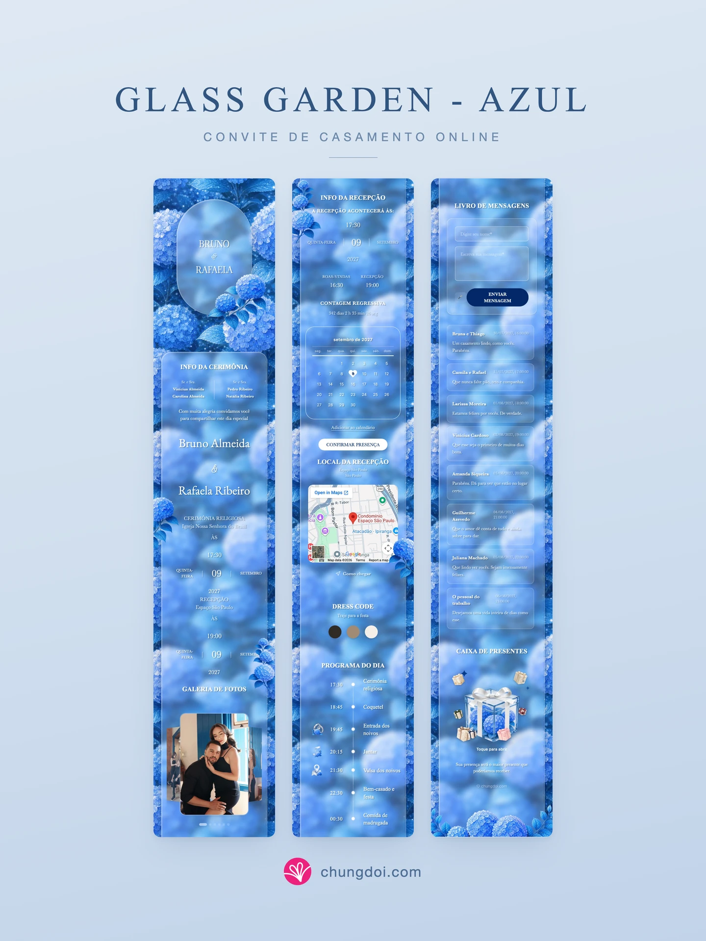 Visão completa do convite de casamento Glass Garden - Azul: as três partes lado a lado