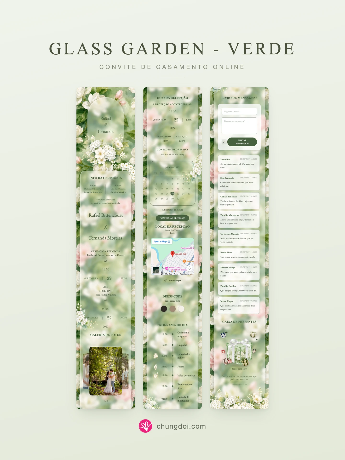 Visão completa do convite de casamento Glass Garden - Verde: as três partes lado a lado