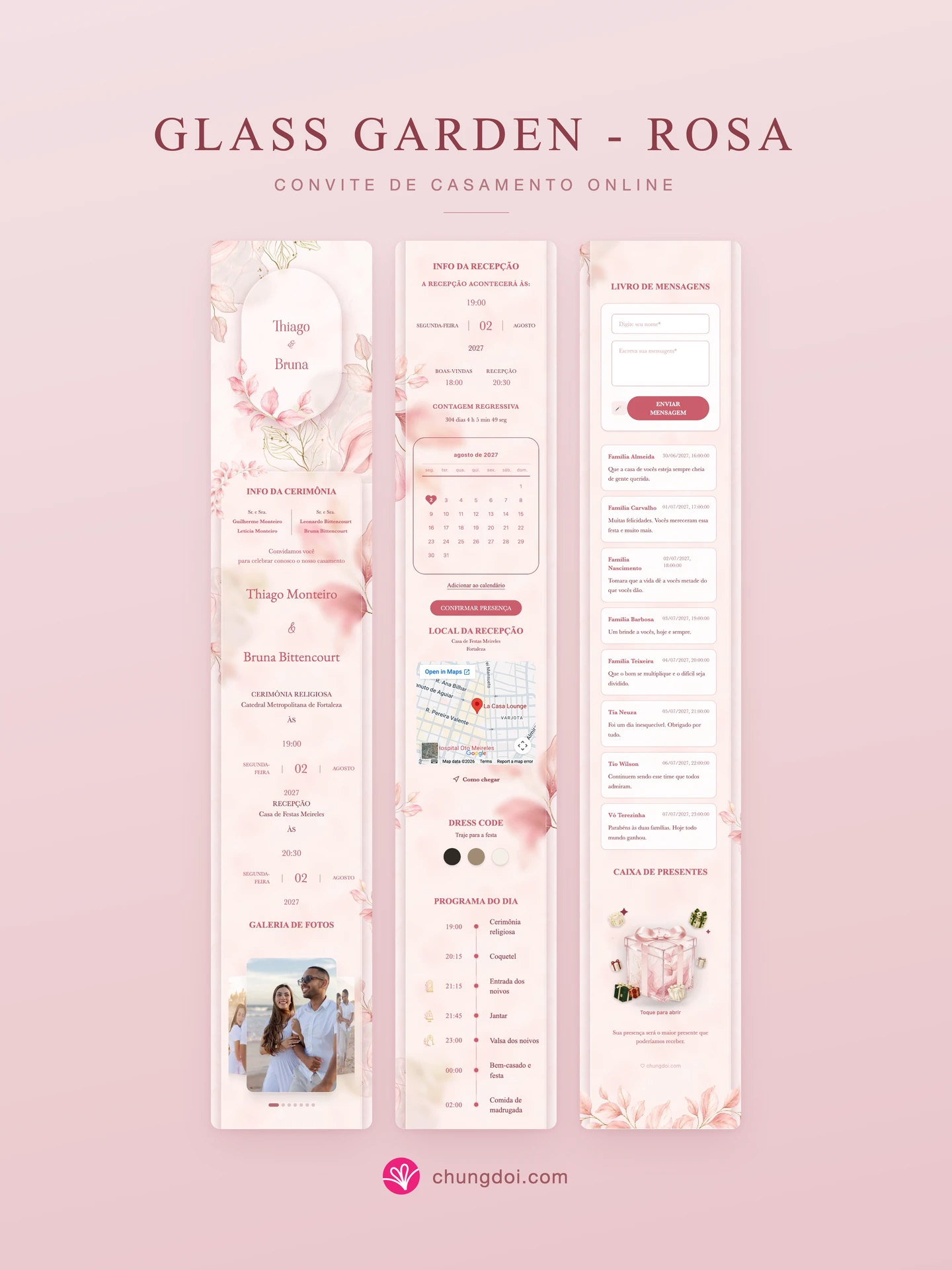 Visão completa do convite de casamento Glass Garden - Rosa: as três partes lado a lado