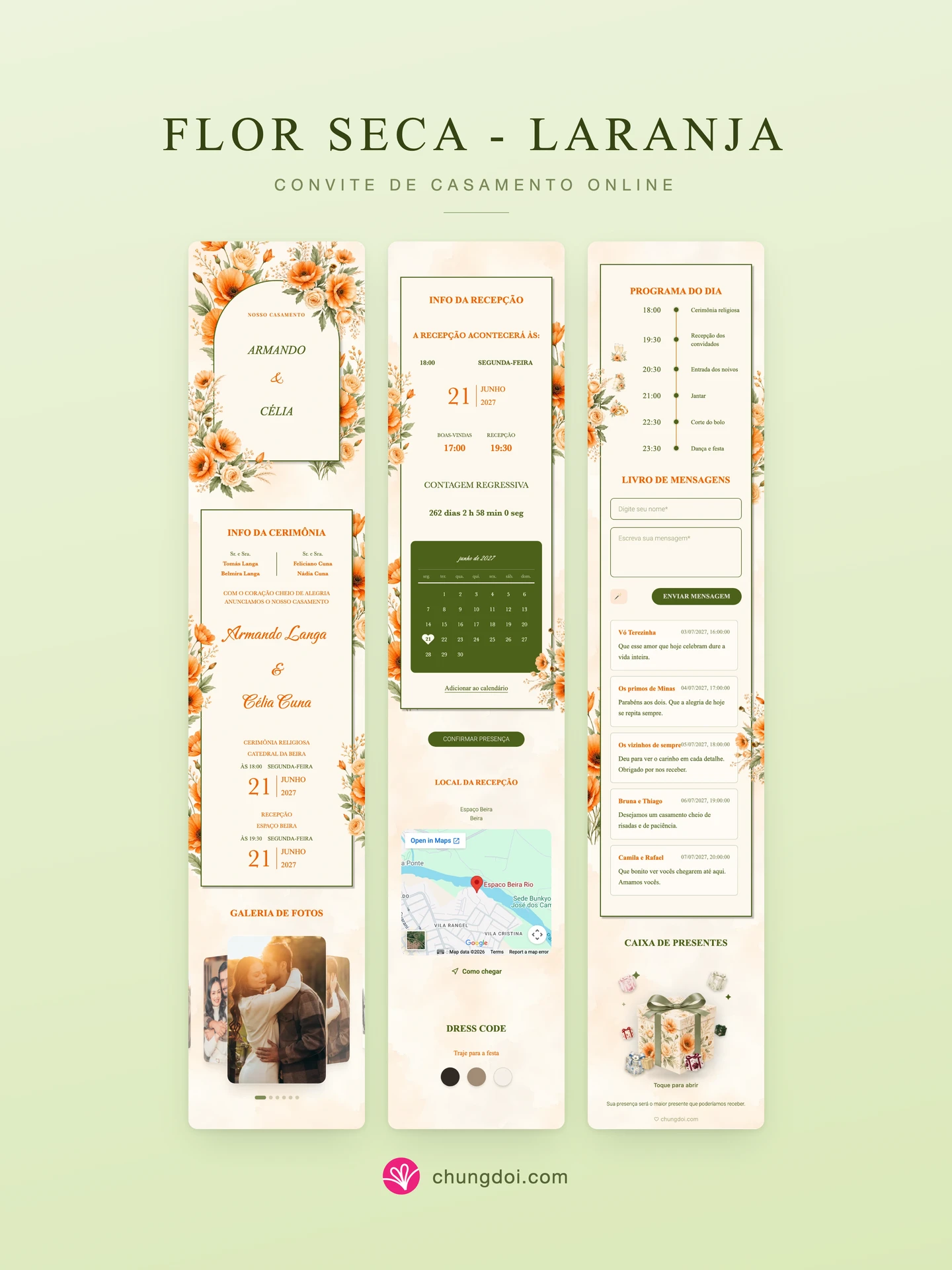Visão completa do convite de casamento Flor Seca - Laranja: as três partes lado a lado