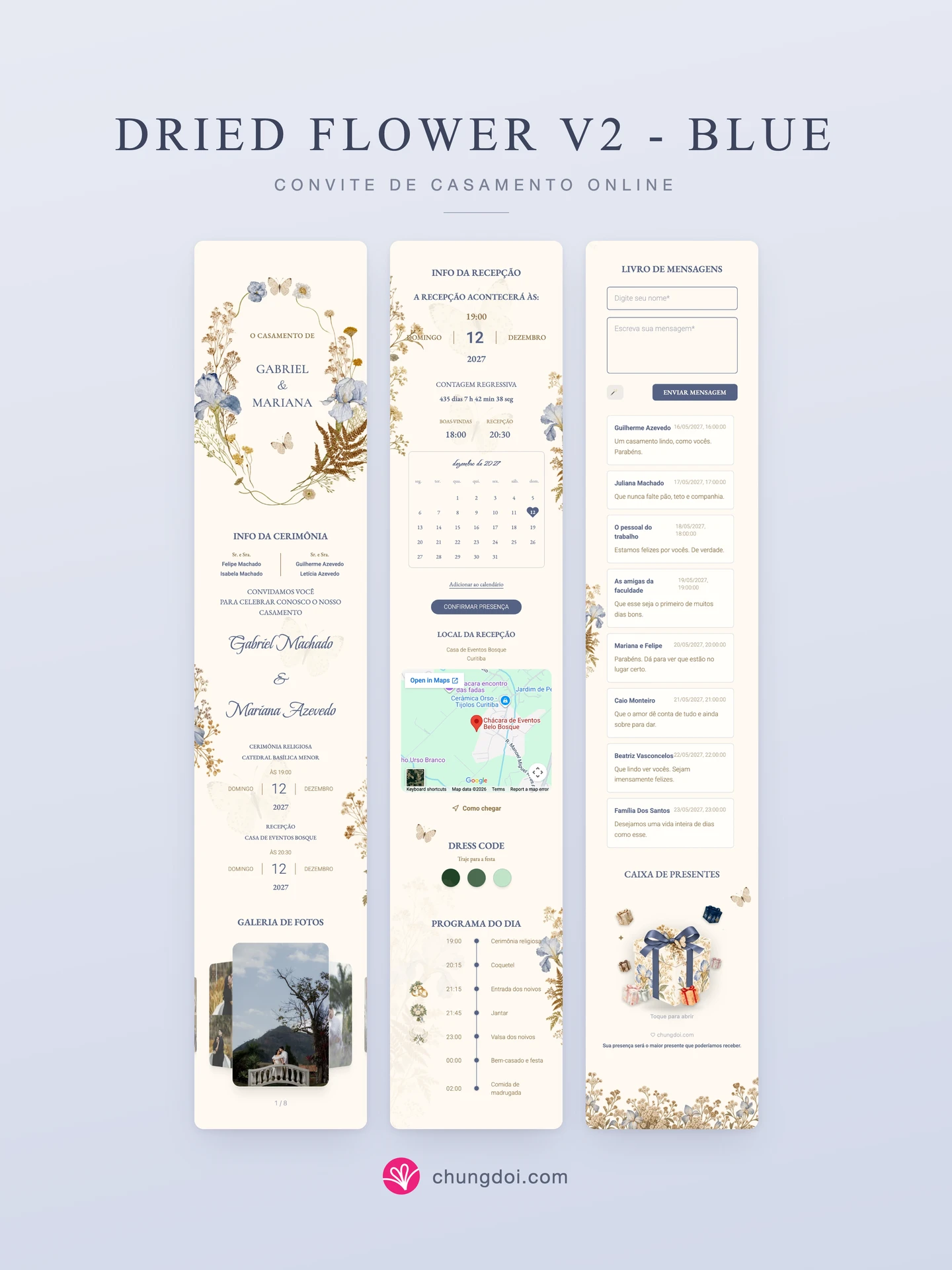 Visão completa do convite de casamento Flor Seca V2 - Azul: as três partes lado a lado