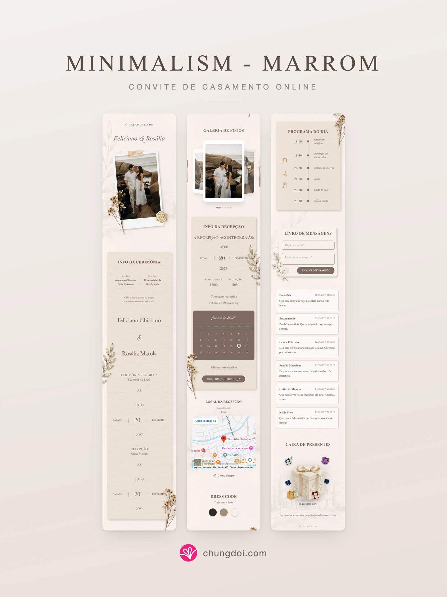 Visão completa do convite de casamento Minimalism - Marrom: as três partes lado a lado