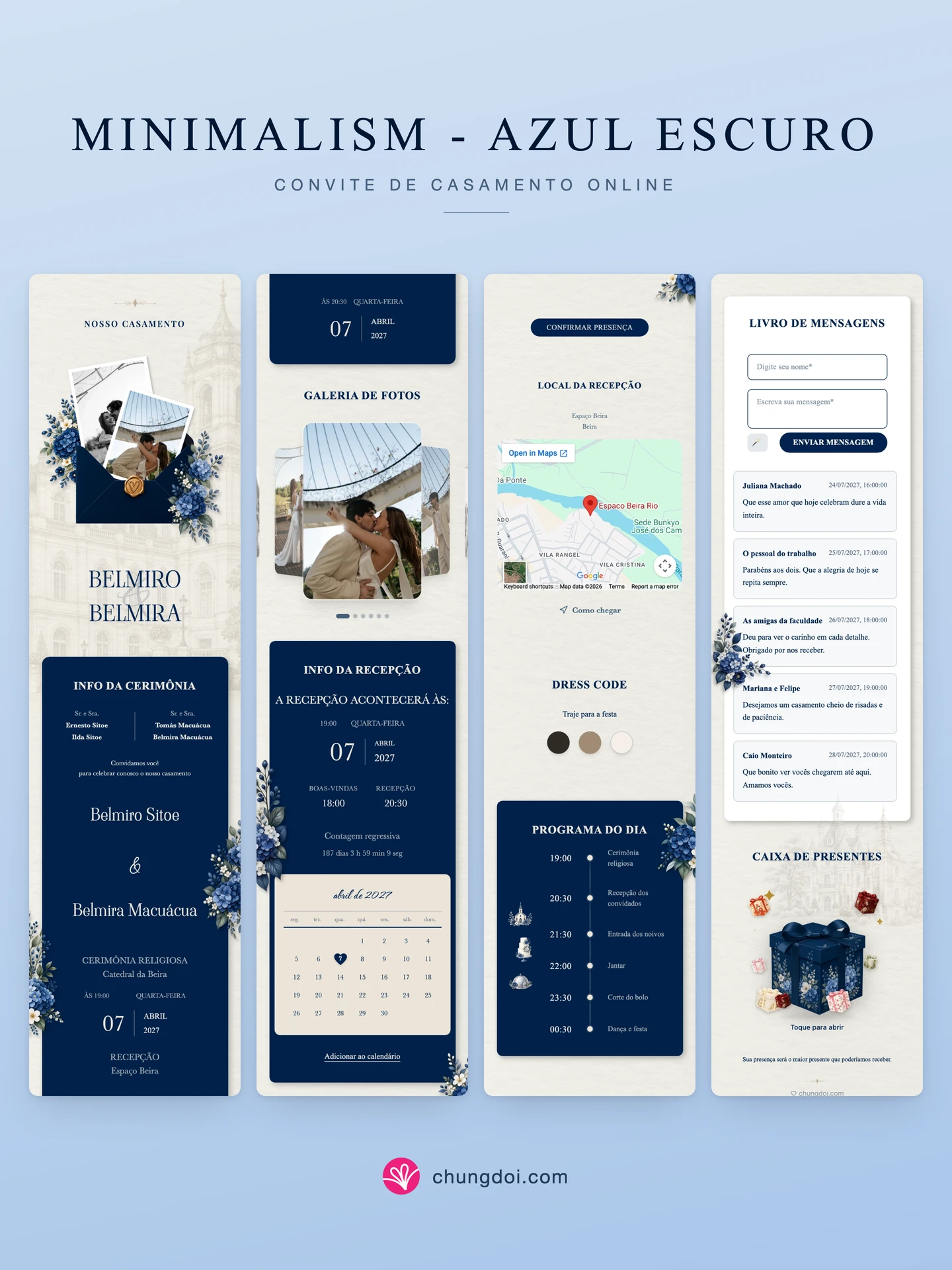 Visão completa do convite de casamento Minimalism - Azul Escuro: as três partes lado a lado