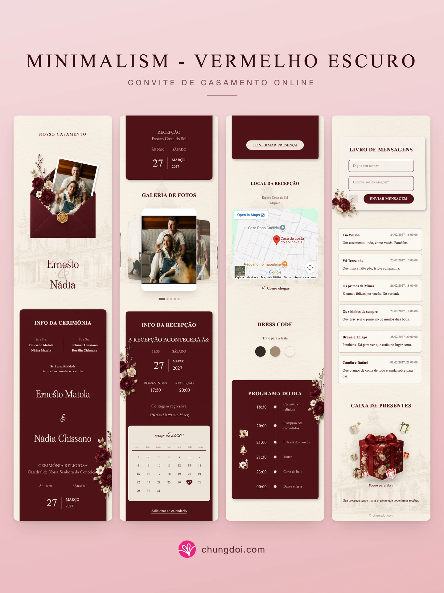 Visão completa do convite de casamento Minimalism - Vermelho Escuro: as três partes lado a lado