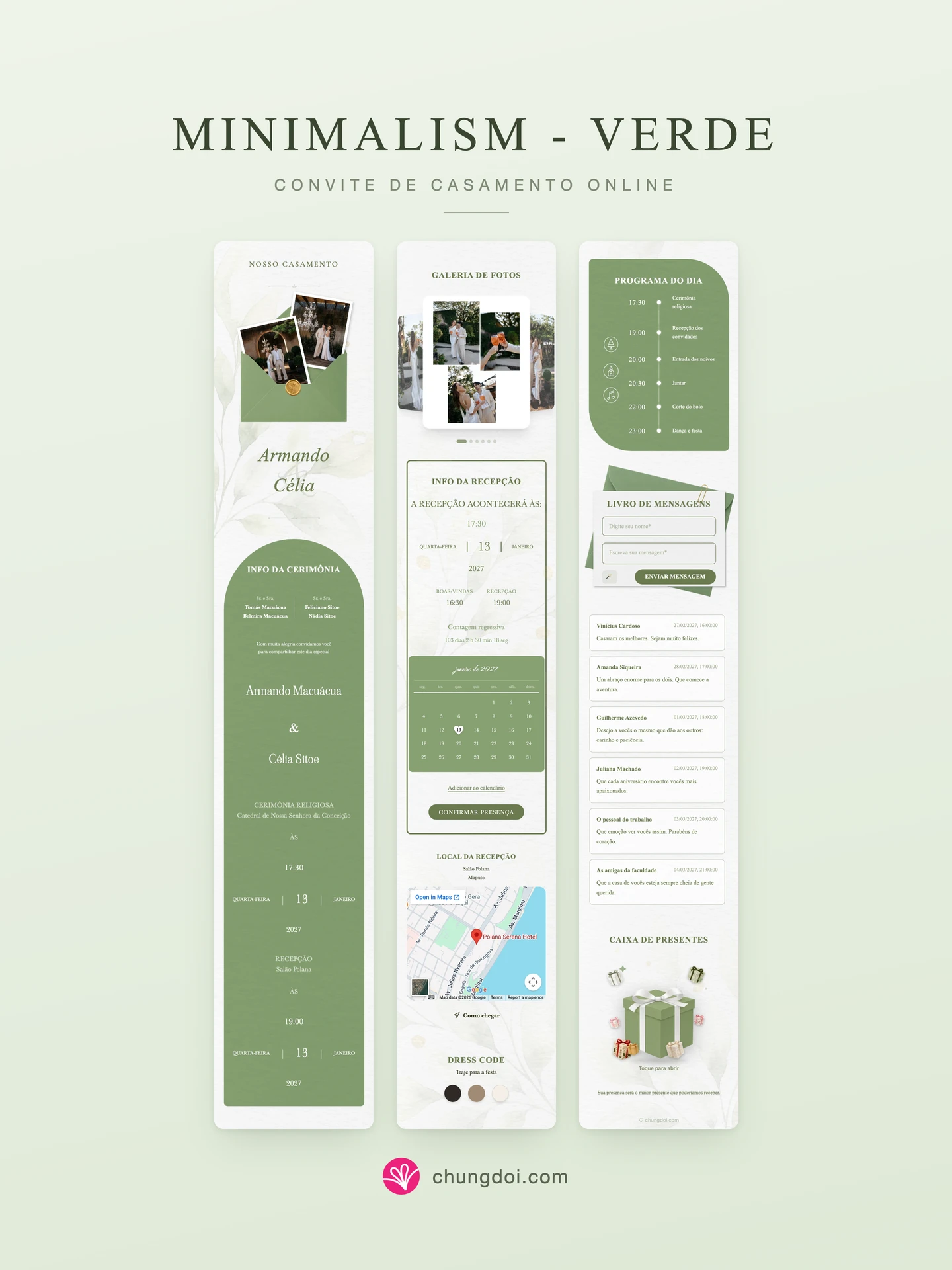Visão completa do convite de casamento Minimalism - Verde: as três partes lado a lado
