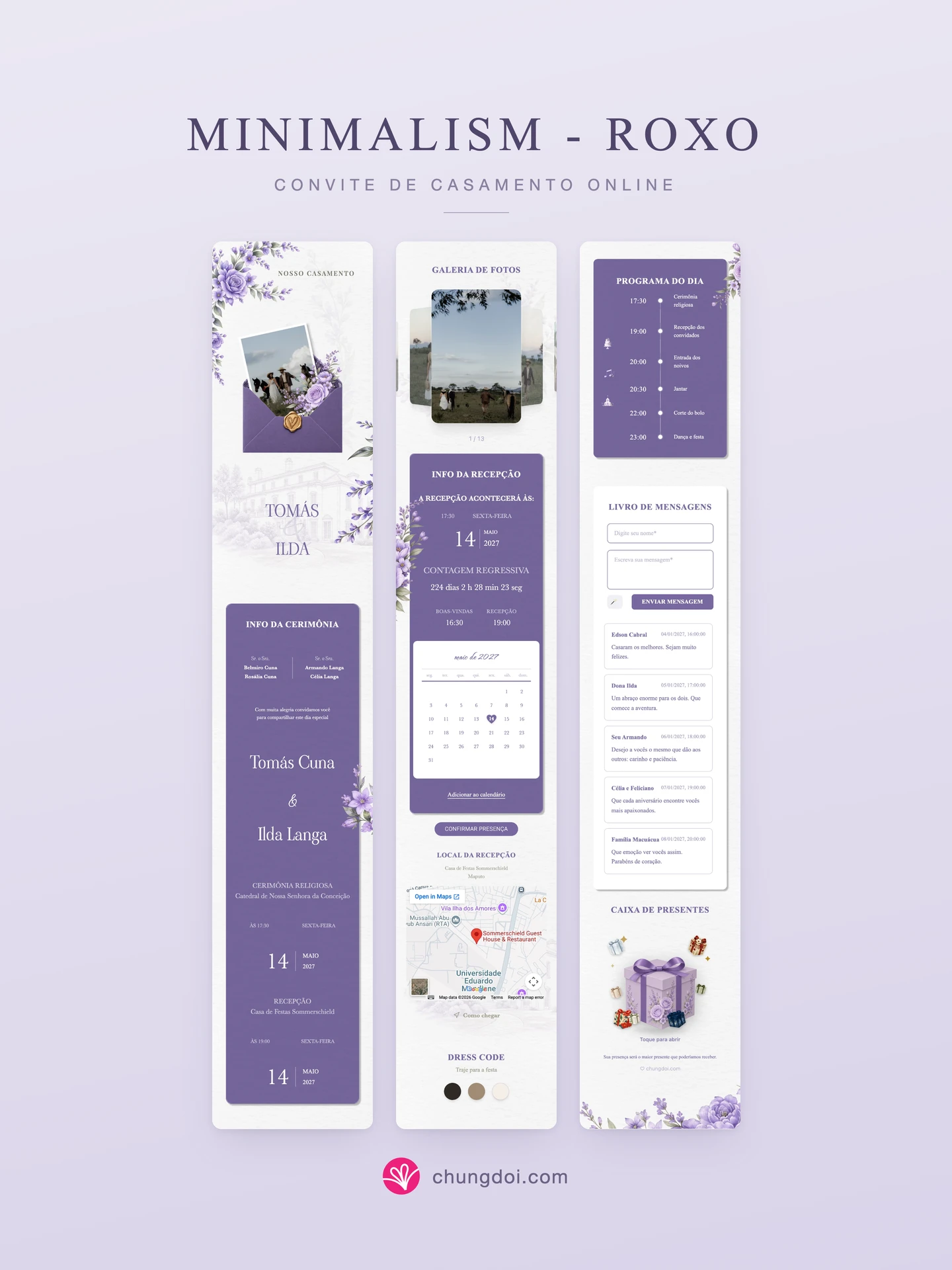 Visão completa do convite de casamento Minimalism - Roxo: as três partes lado a lado