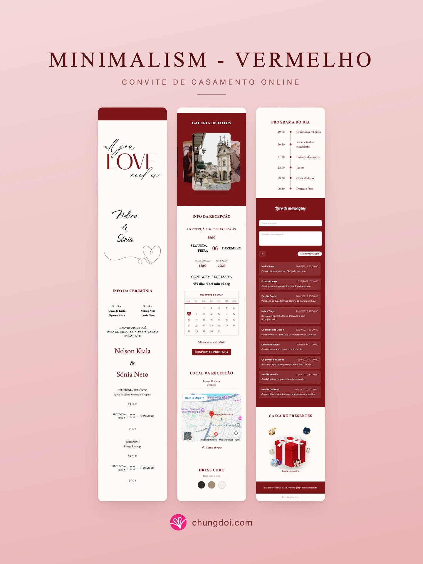 Visão completa do convite de casamento Minimalism - Vermelho: as três partes lado a lado