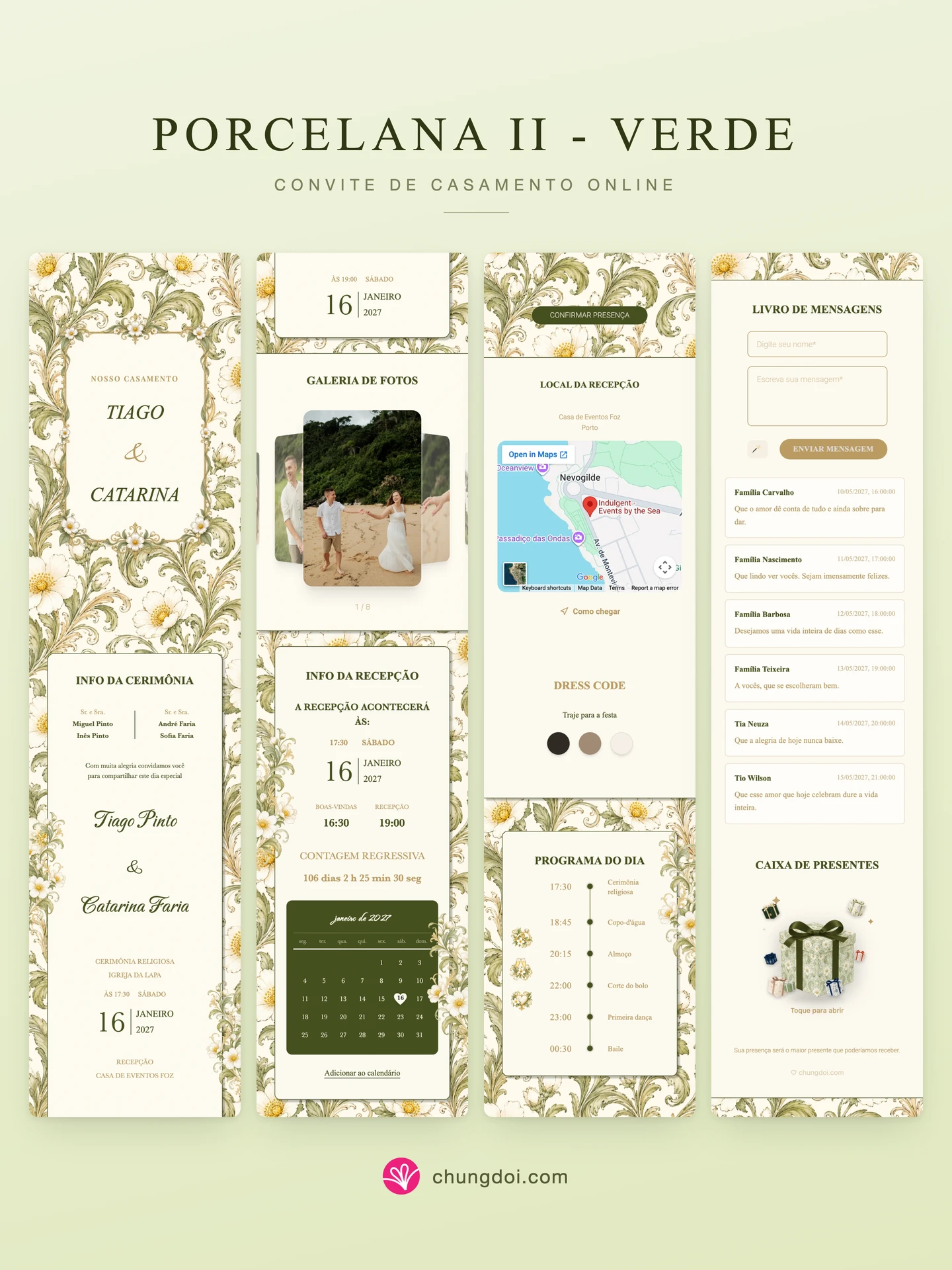 Visão completa do convite de casamento Porcelana II - Verde: as três partes lado a lado
