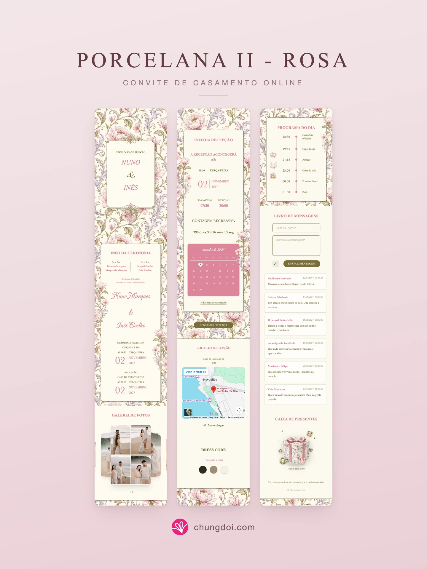 Visão completa do convite de casamento Porcelana II - Rosa: as três partes lado a lado