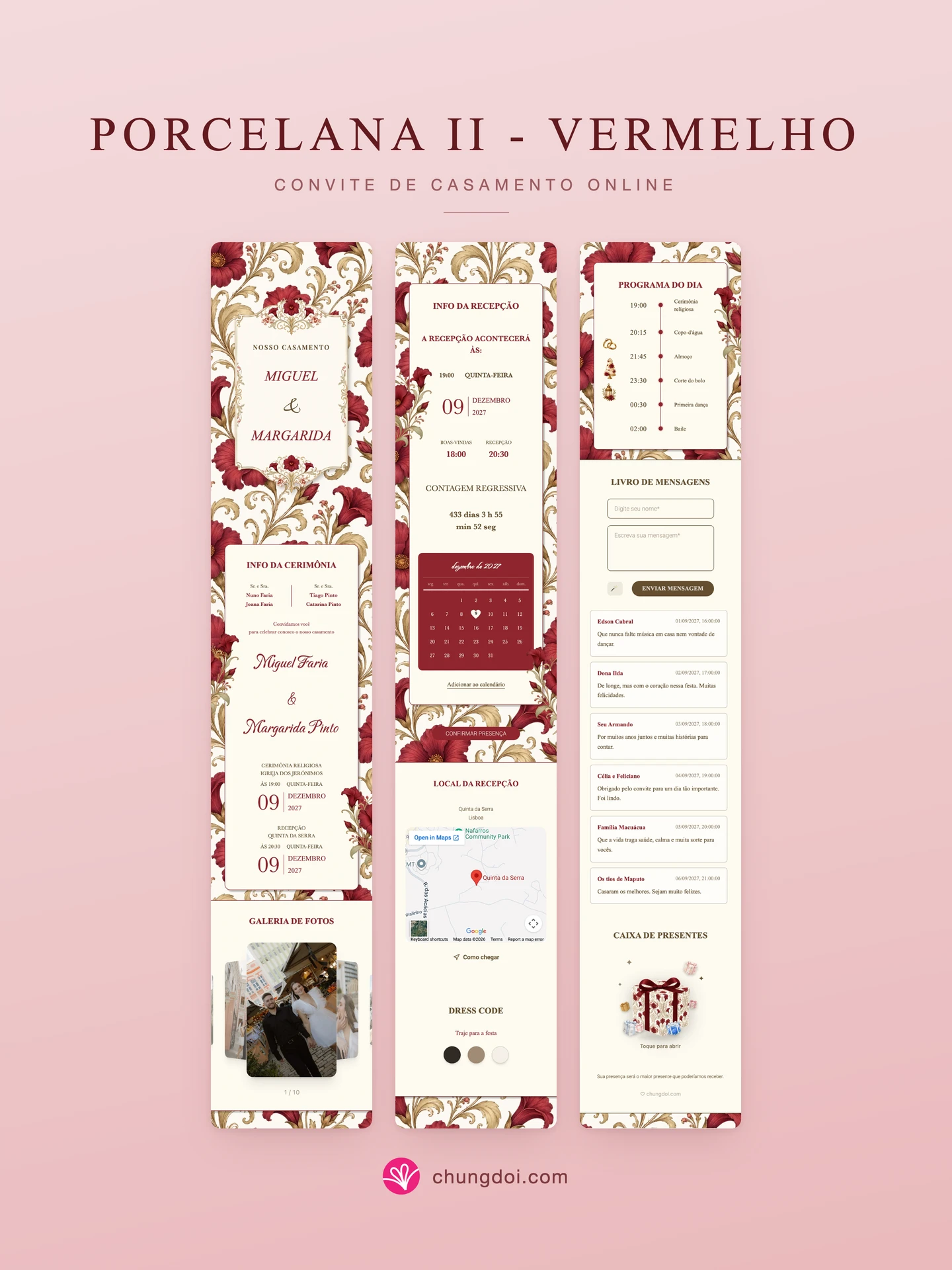 Visão completa do convite de casamento Porcelana II - Vermelho: as três partes lado a lado
