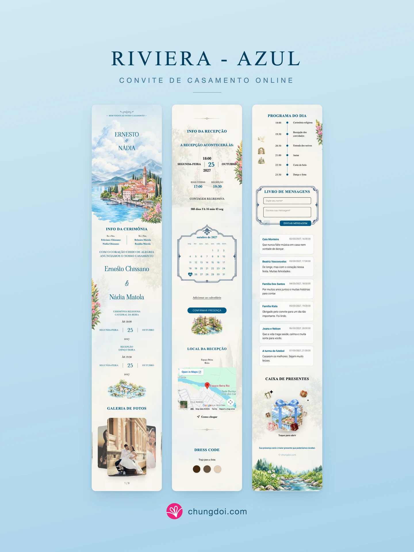 Visão completa do convite de casamento Riviera - Azul: as três partes lado a lado
