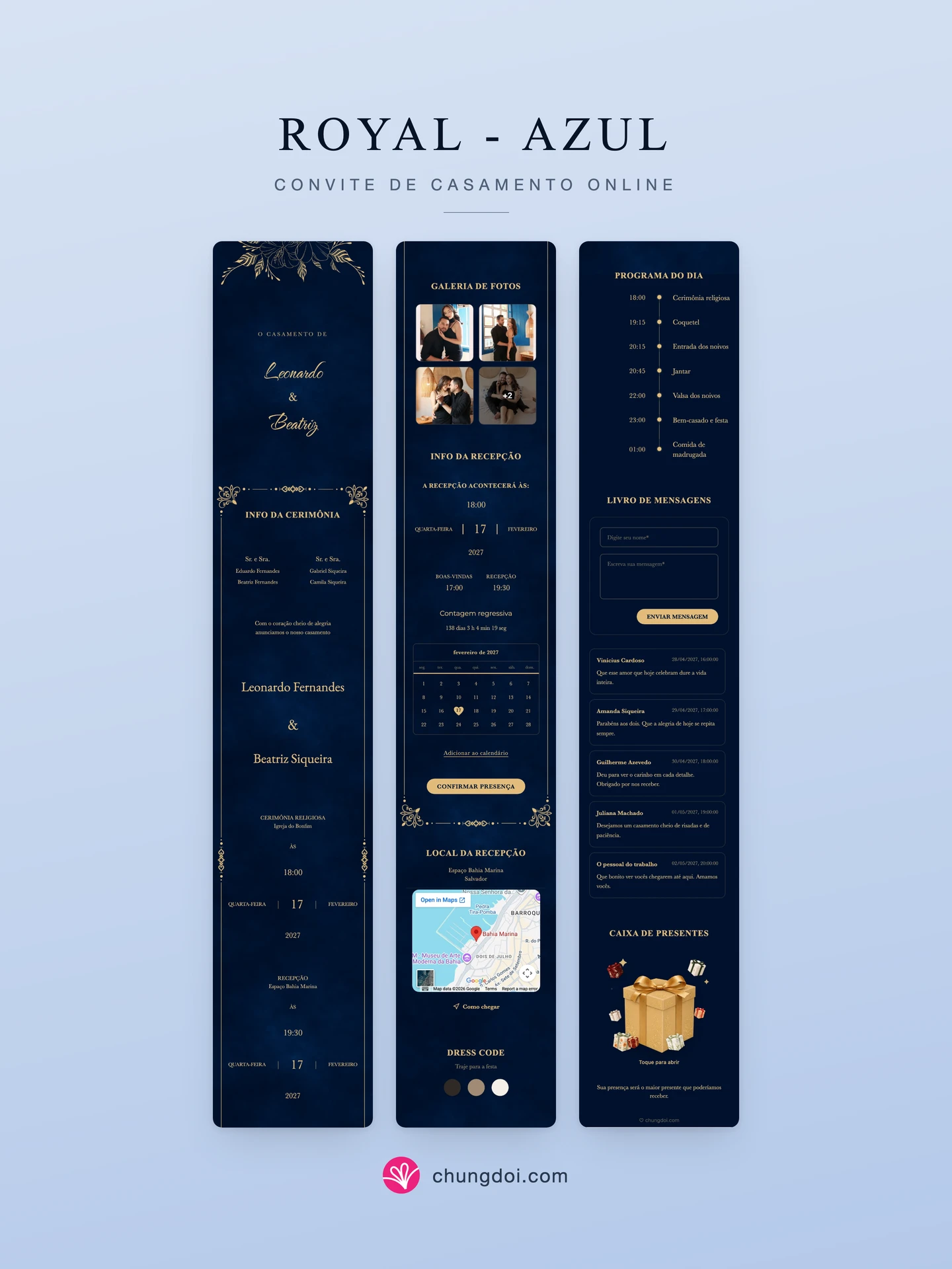 Visão completa do convite de casamento Royal - Azul: as três partes lado a lado