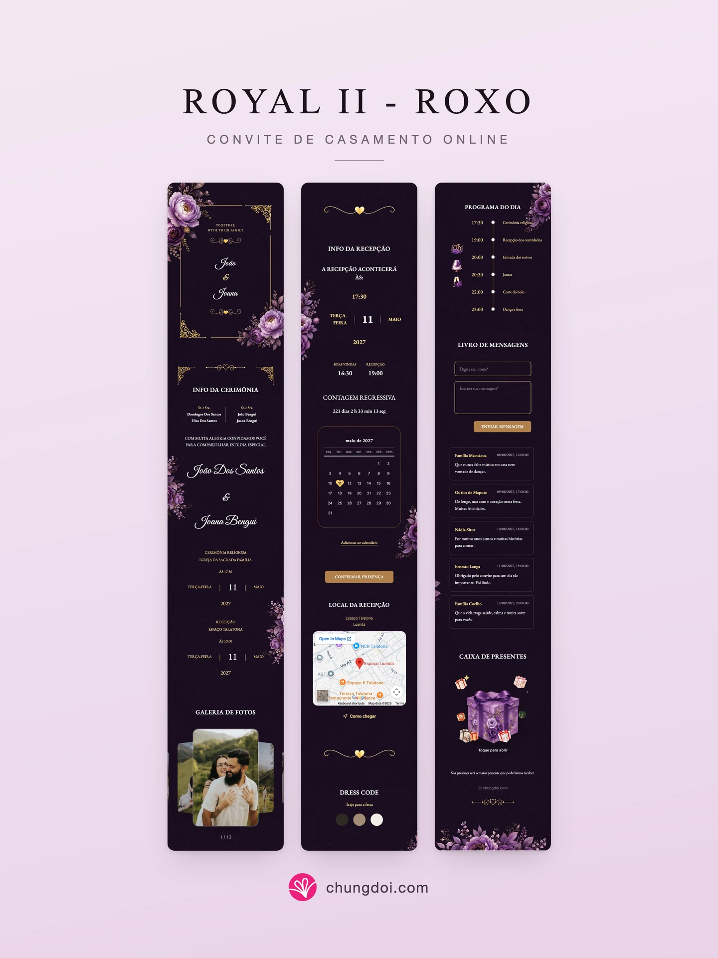 Visão completa do convite de casamento Royal II - Roxo: as três partes lado a lado