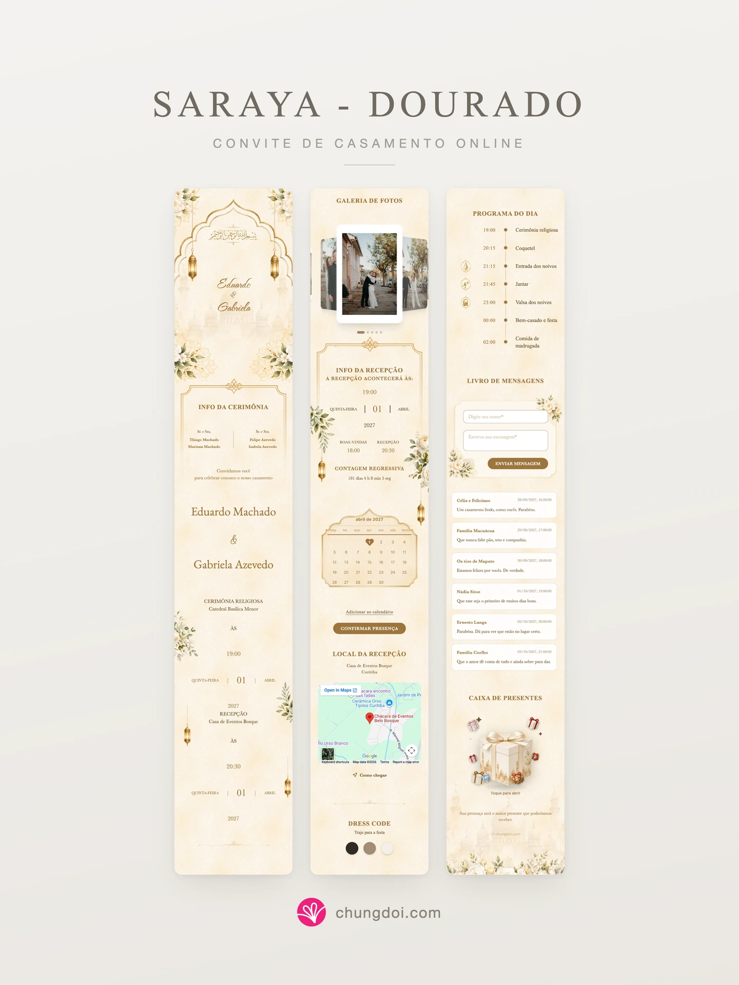 Visão completa do convite de casamento Saraya - Dourado: as três partes lado a lado