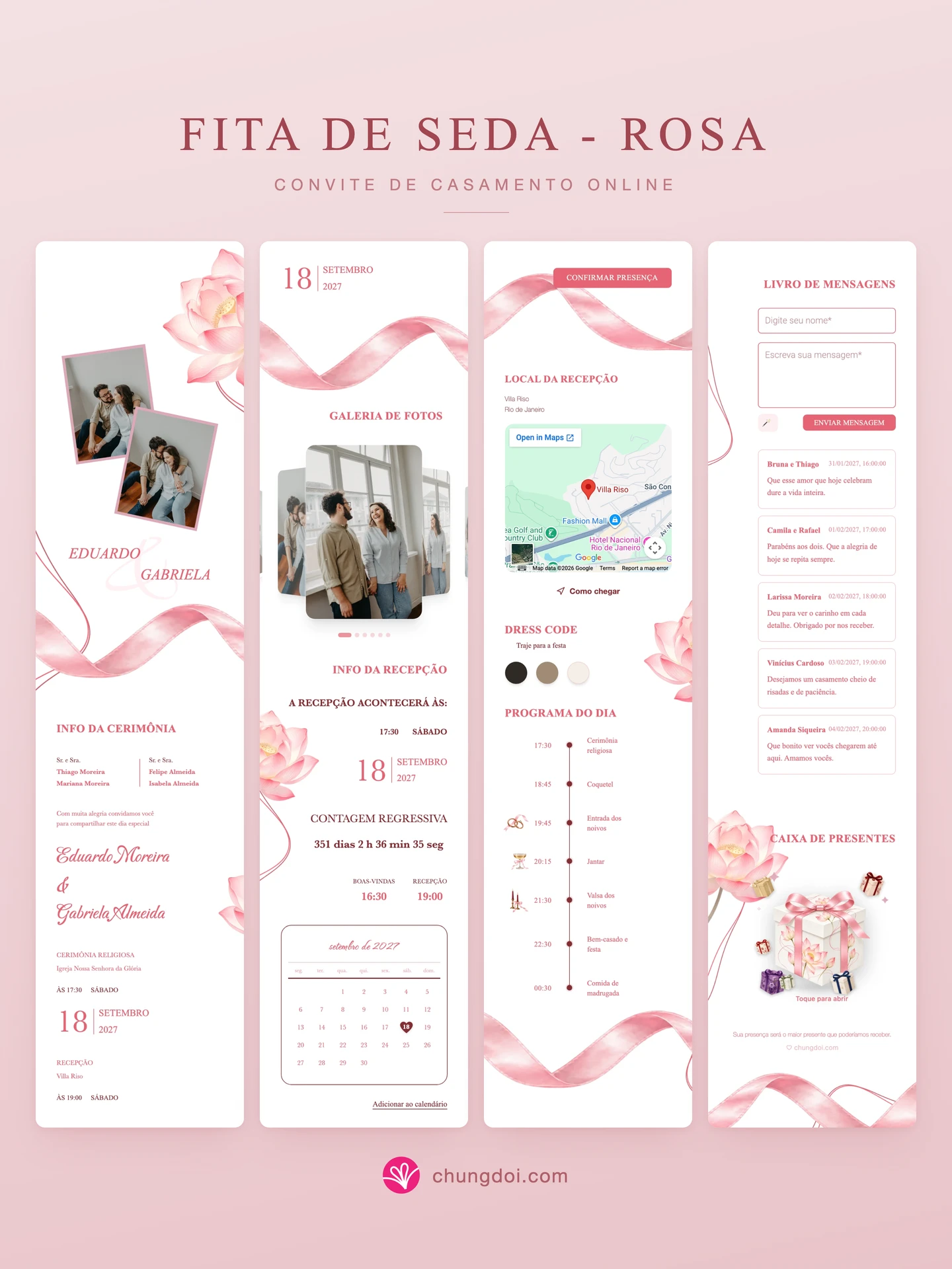 Visão completa do convite de casamento Fita de Seda - Rosa: as três partes lado a lado