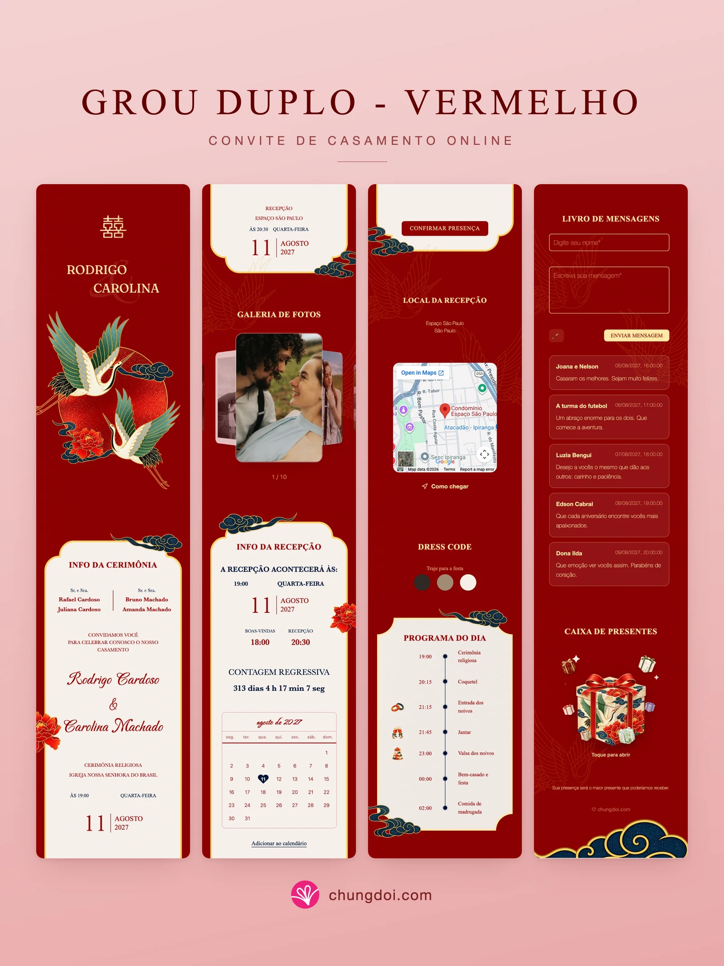 Visão completa do convite de casamento Grou Duplo - Vermelho: as três partes lado a lado