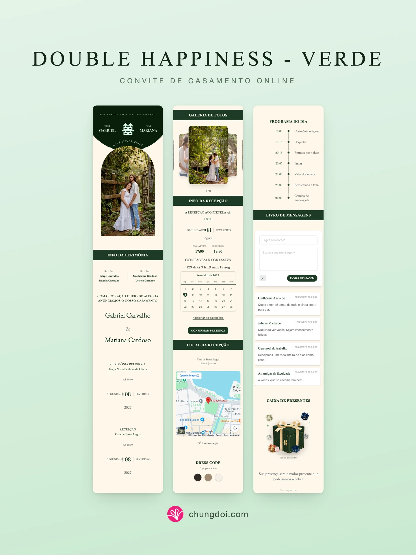 Visão completa do convite de casamento Double Happiness - Verde: as três partes lado a lado