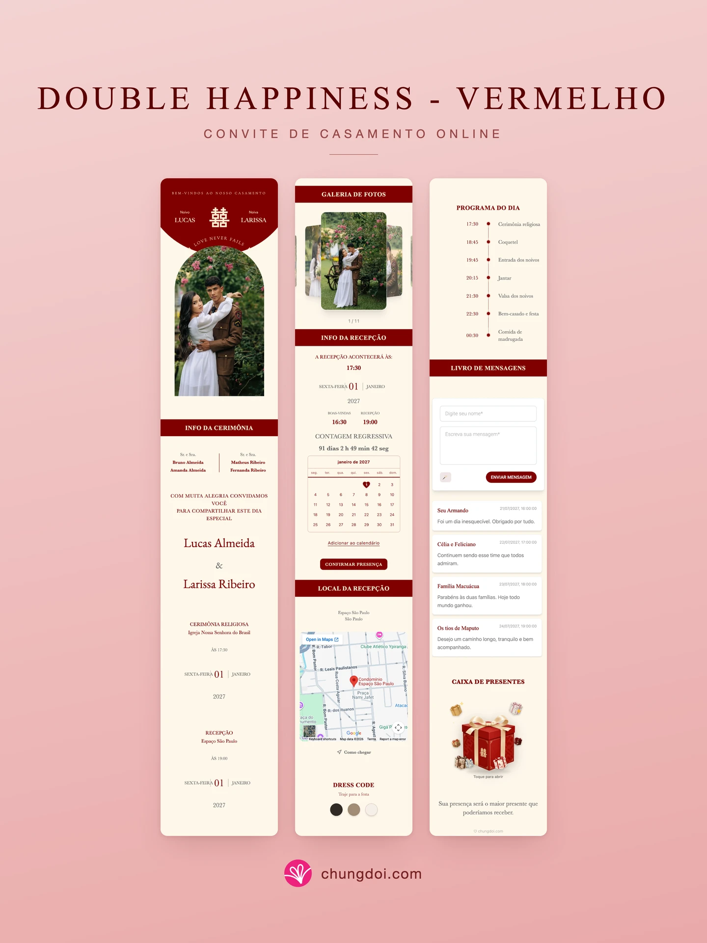 Visão completa do convite de casamento Double Happiness - Vermelho: as três partes lado a lado