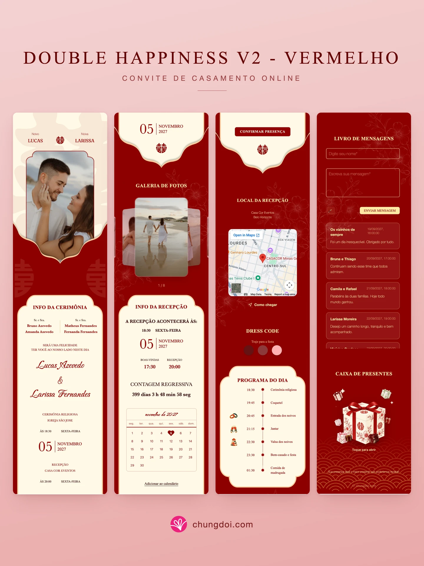 Visão completa do convite de casamento Double Happiness V2 - Vermelho: as três partes lado a lado
