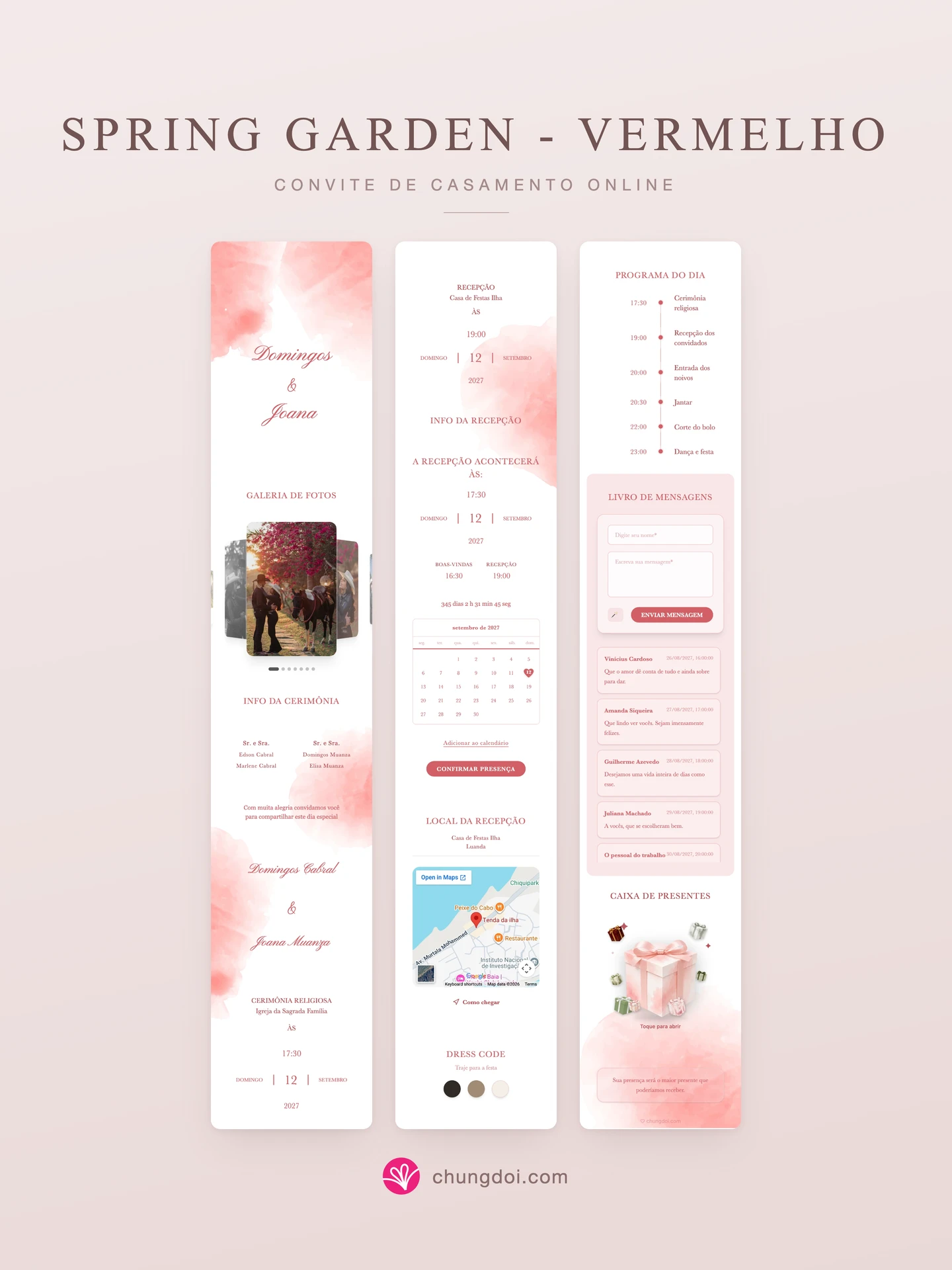Visão completa do convite de casamento Spring Garden - Vermelho: as três partes lado a lado