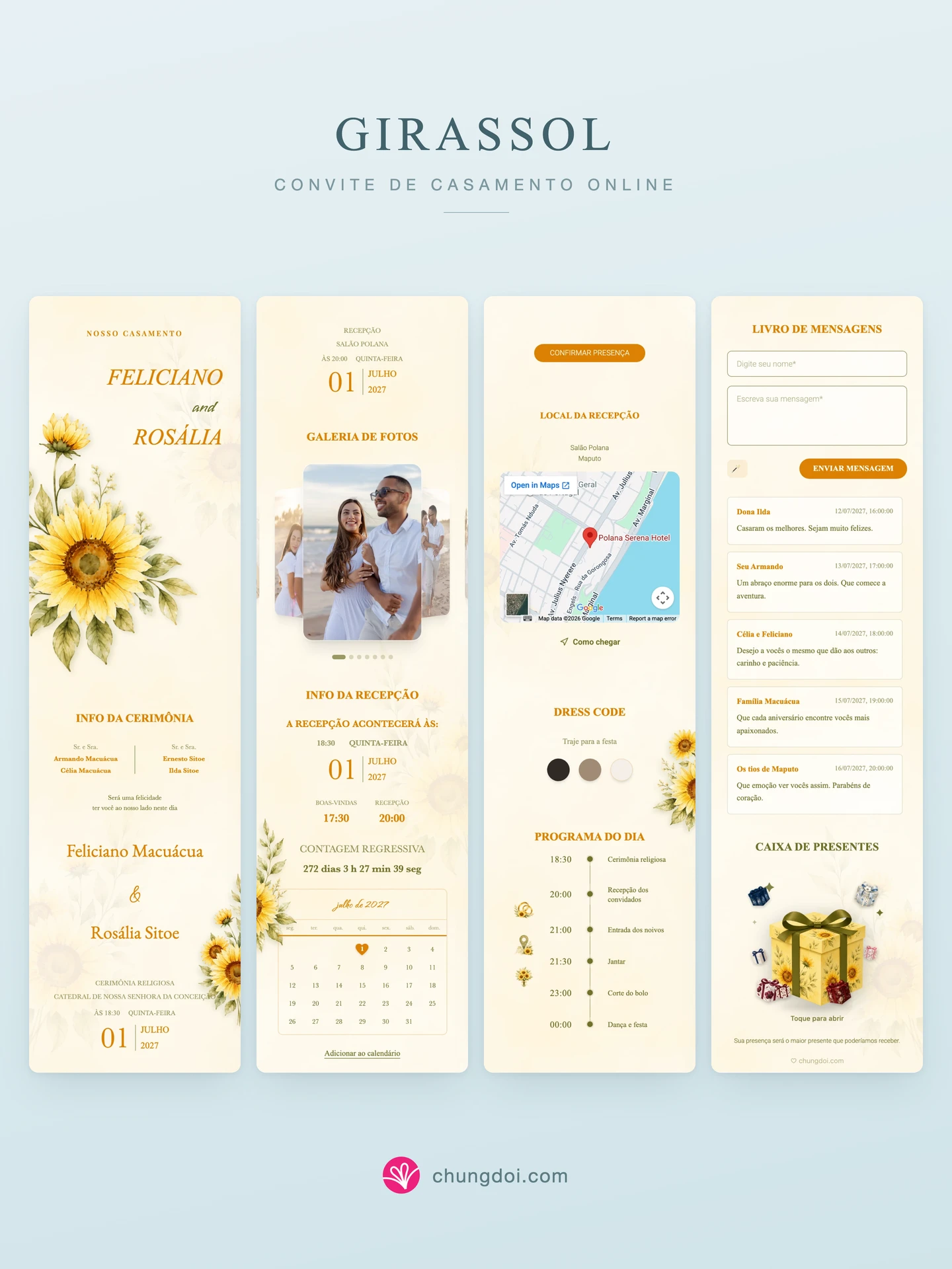 Visão completa do convite de casamento Girassol: as três partes lado a lado