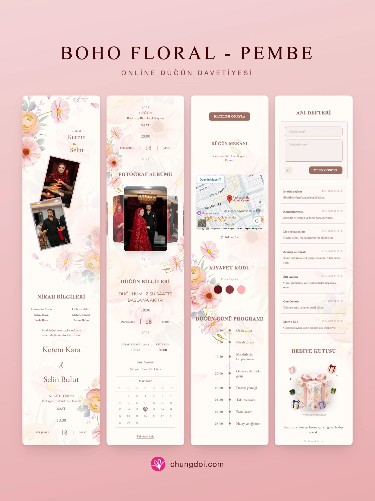 Boho Floral - Pembe düğün davetiyesinin tam görünümü: üç bölümü yan yana