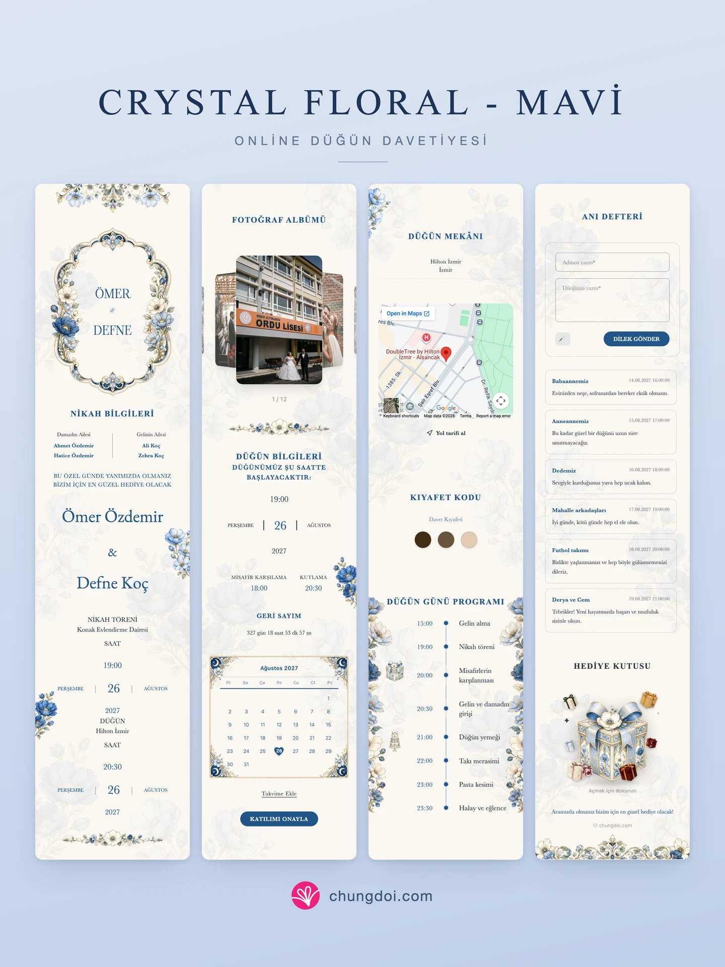 Crystal Floral - Mavi düğün davetiyesinin tam görünümü: üç bölümü yan yana