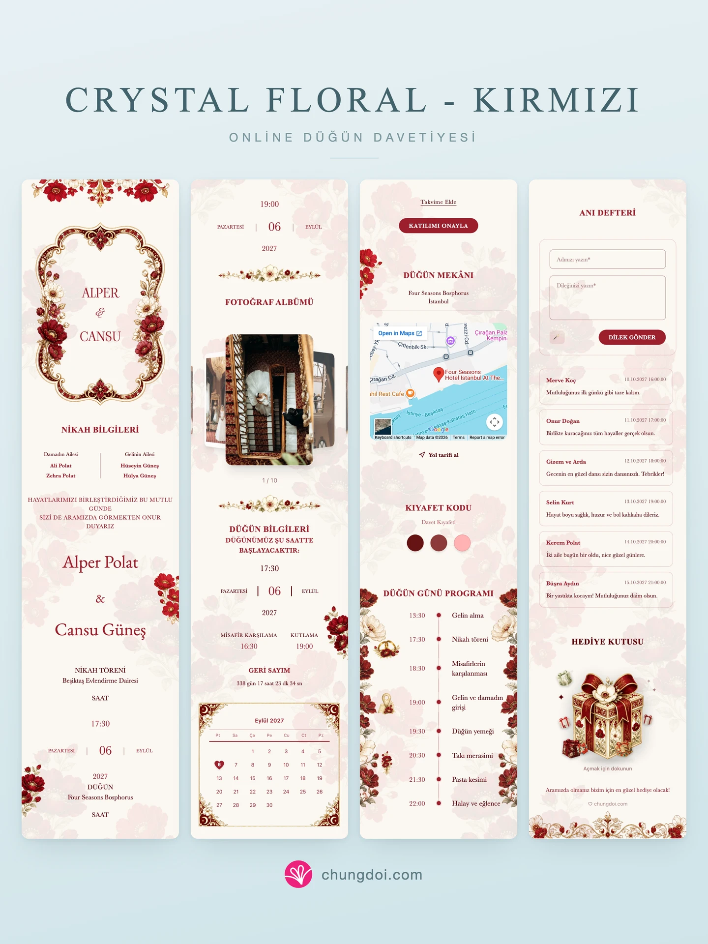 Crystal Floral - Kırmızı düğün davetiyesinin tam görünümü: üç bölümü yan yana