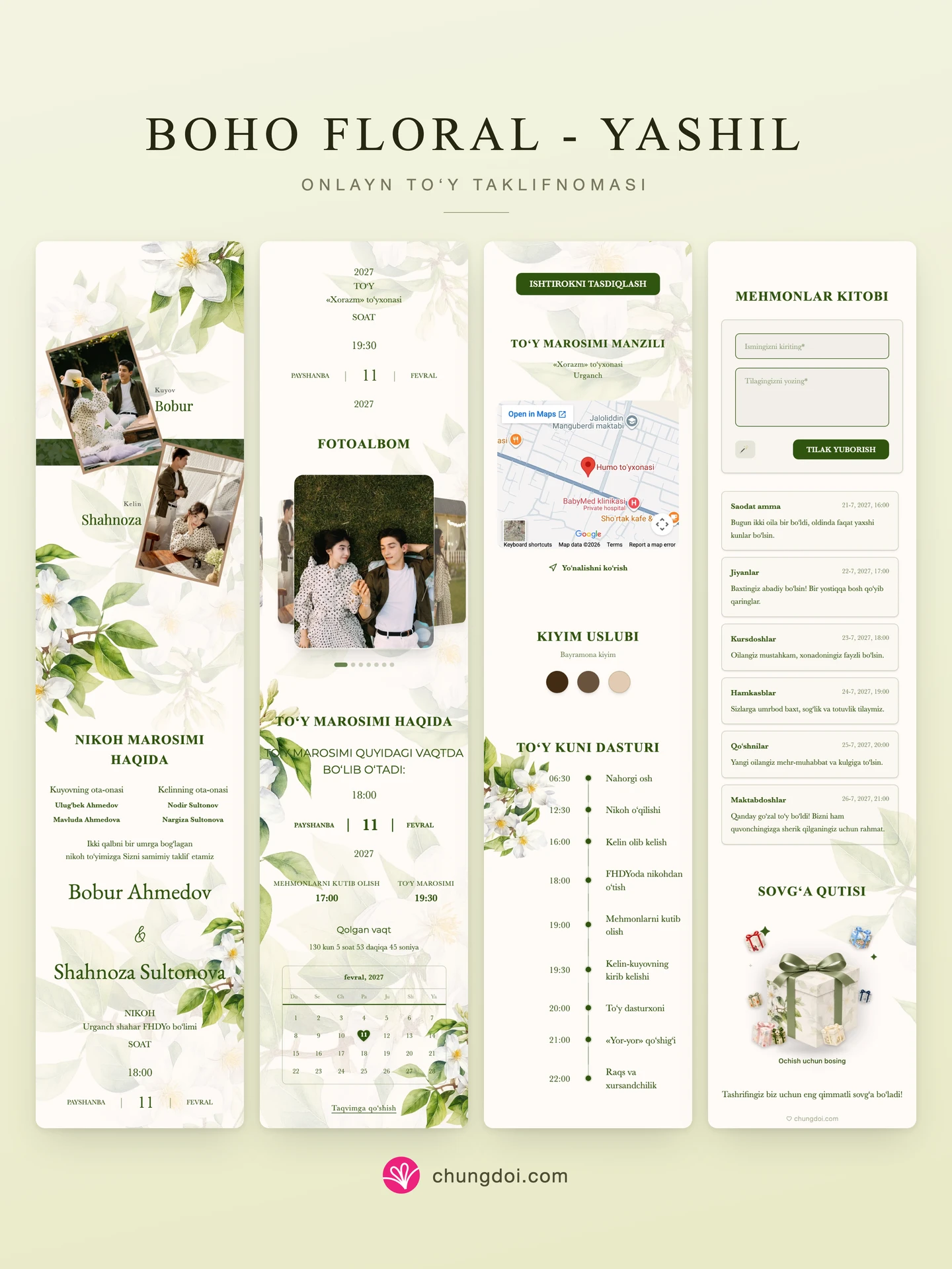 Boho Floral - Yashil toʻy taklifnomasining toʻliq koʻrinishi: uch qismi yonma-yon