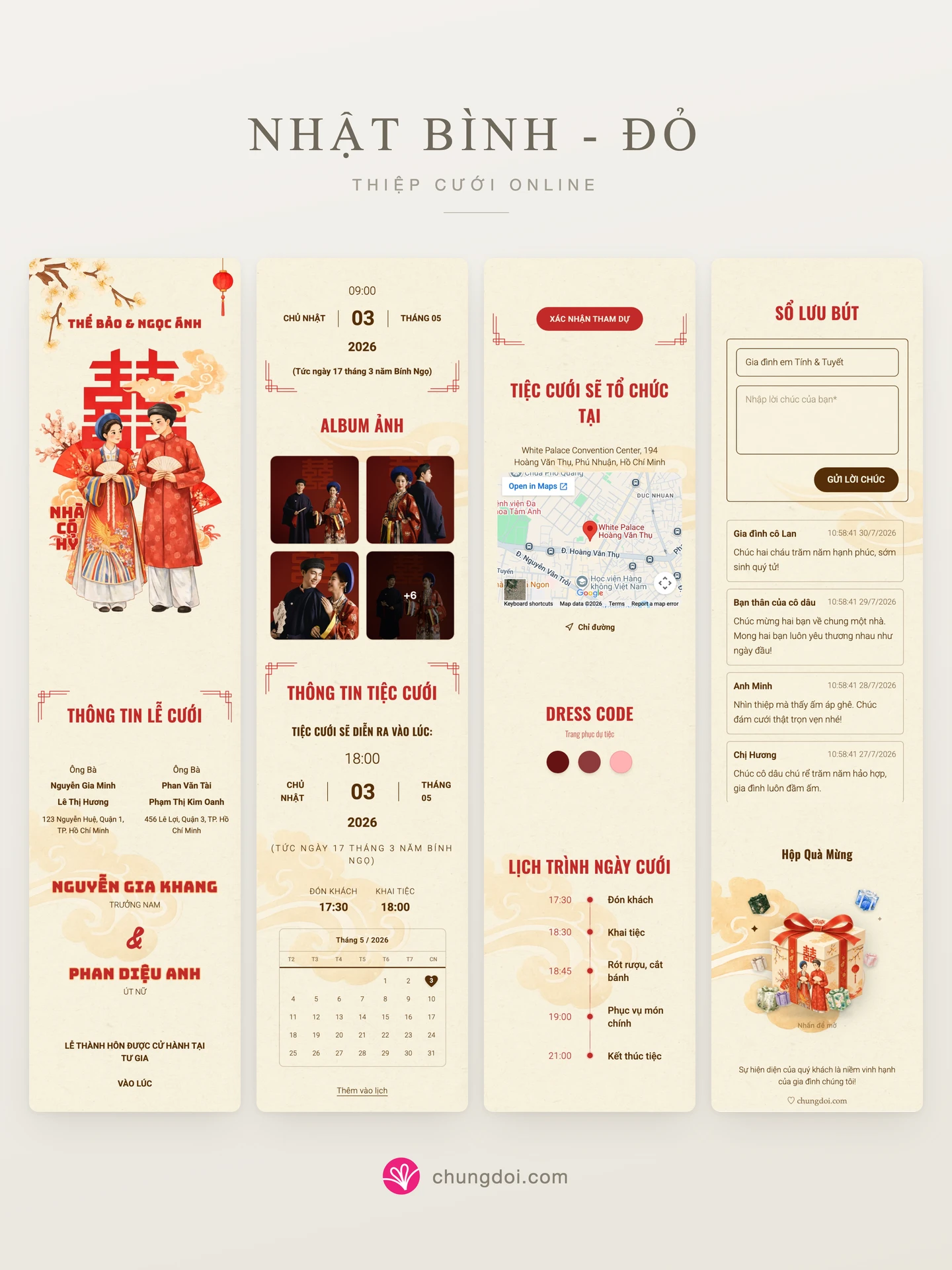 Full view of the Nhat Binh - Red wedding invitation: its three sections side by side