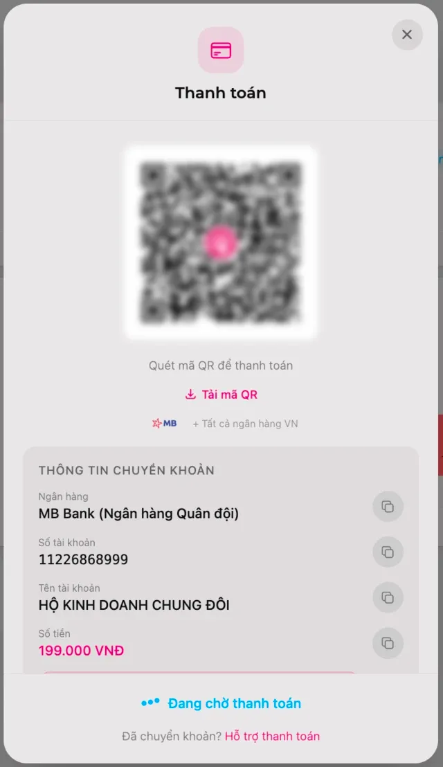 Bước thanh toán trực tuyến qua cổng SePay trên website taothieponline.app: mã QR, thông tin chuyển khoản và trạng thái đang chờ thanh toán