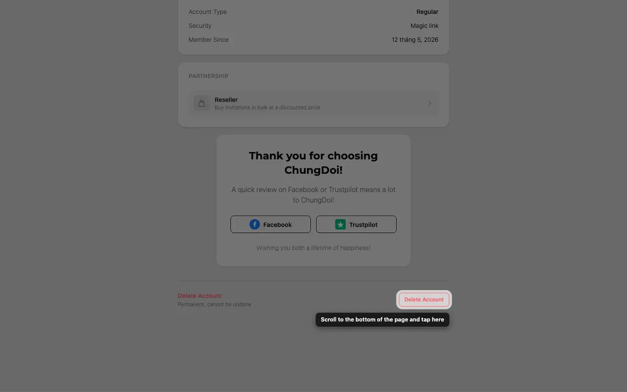 The Delete account button at the bottom of the Account page