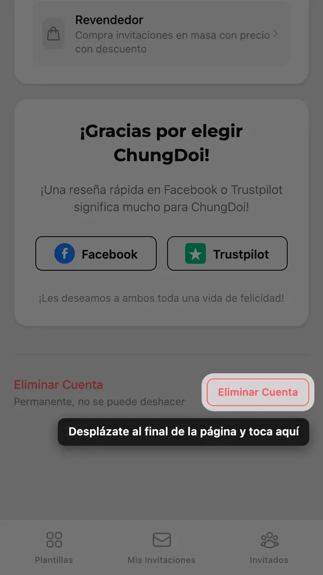 El botón de eliminar cuenta al final de la página Cuenta