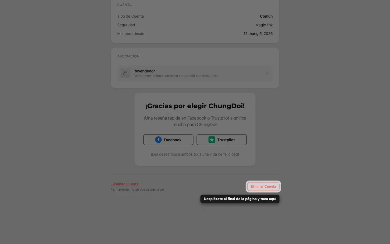 El botón de eliminar cuenta al final de la página Cuenta
