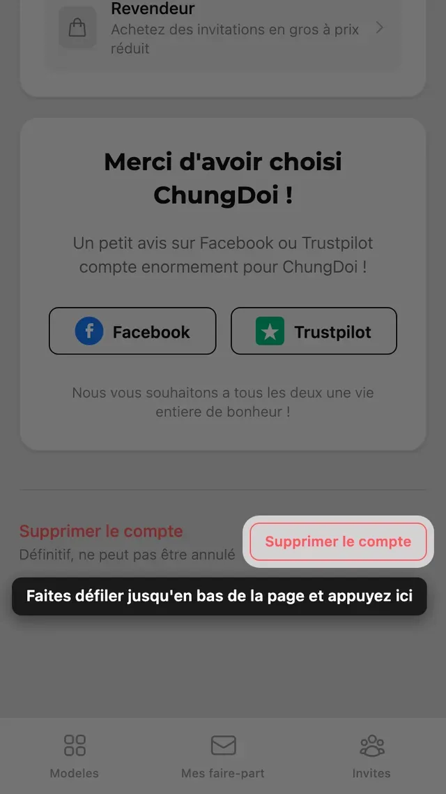 Le bouton de suppression du compte, en bas de la page Compte