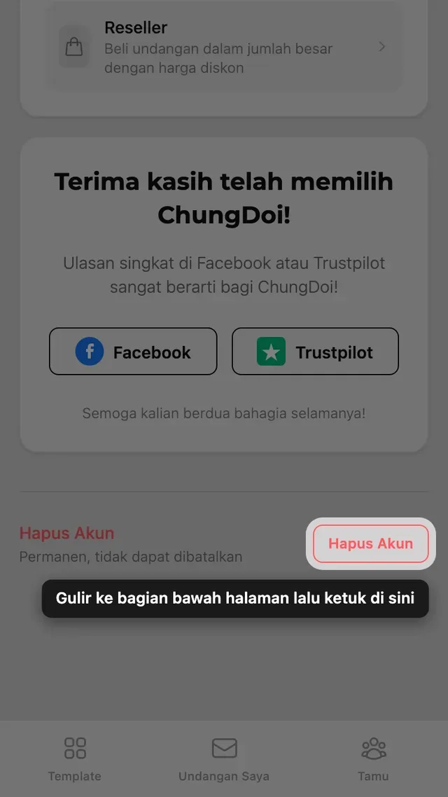 Tombol hapus akun di bagian bawah halaman Akun