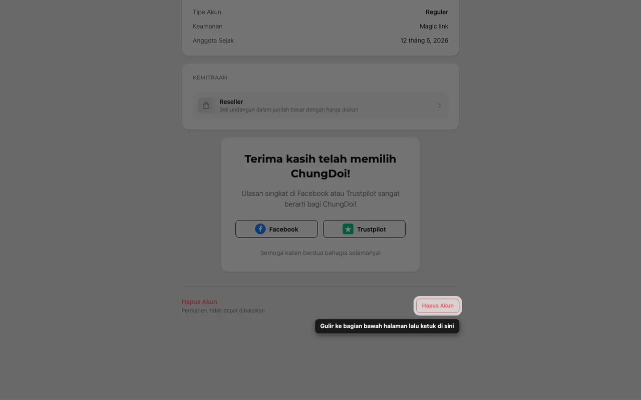 Tombol hapus akun di bagian bawah halaman Akun