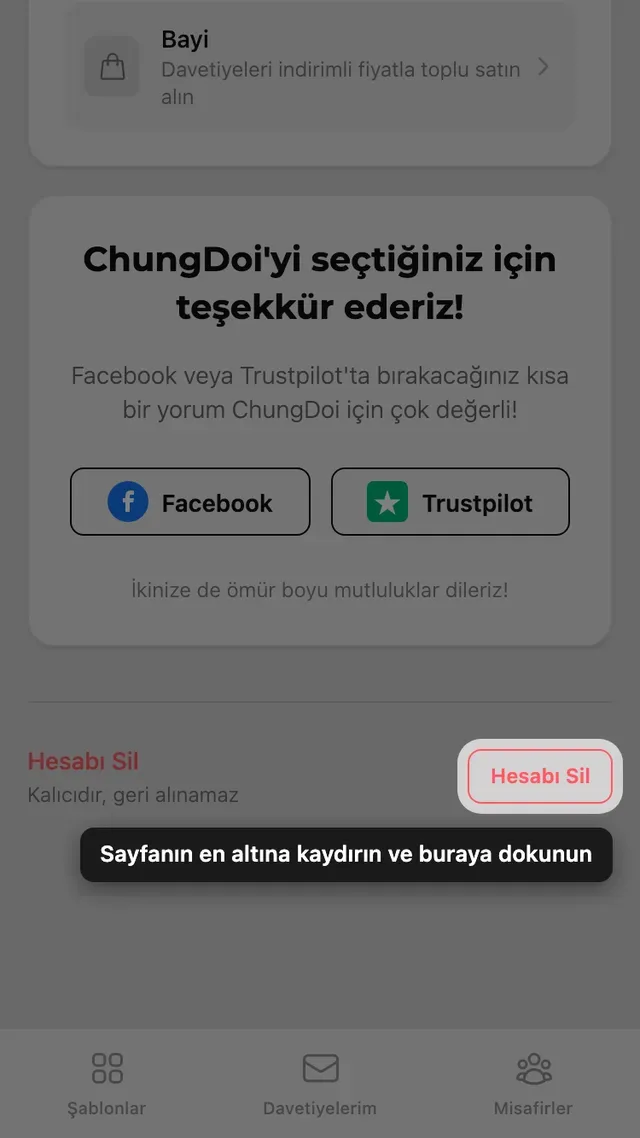 Hesap sayfasının altındaki Hesabı sil düğmesi
