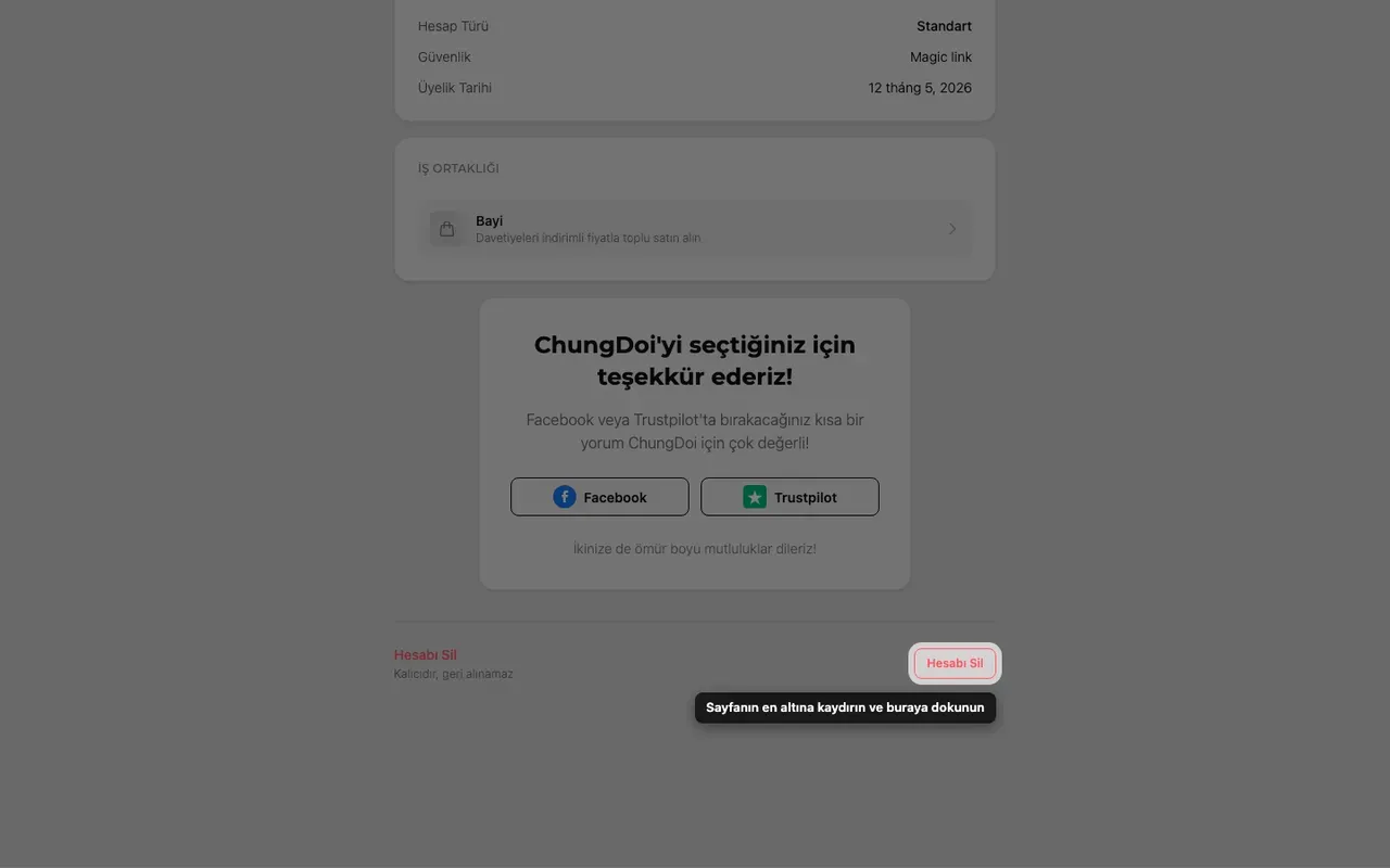 Hesap sayfasının altındaki Hesabı sil düğmesi